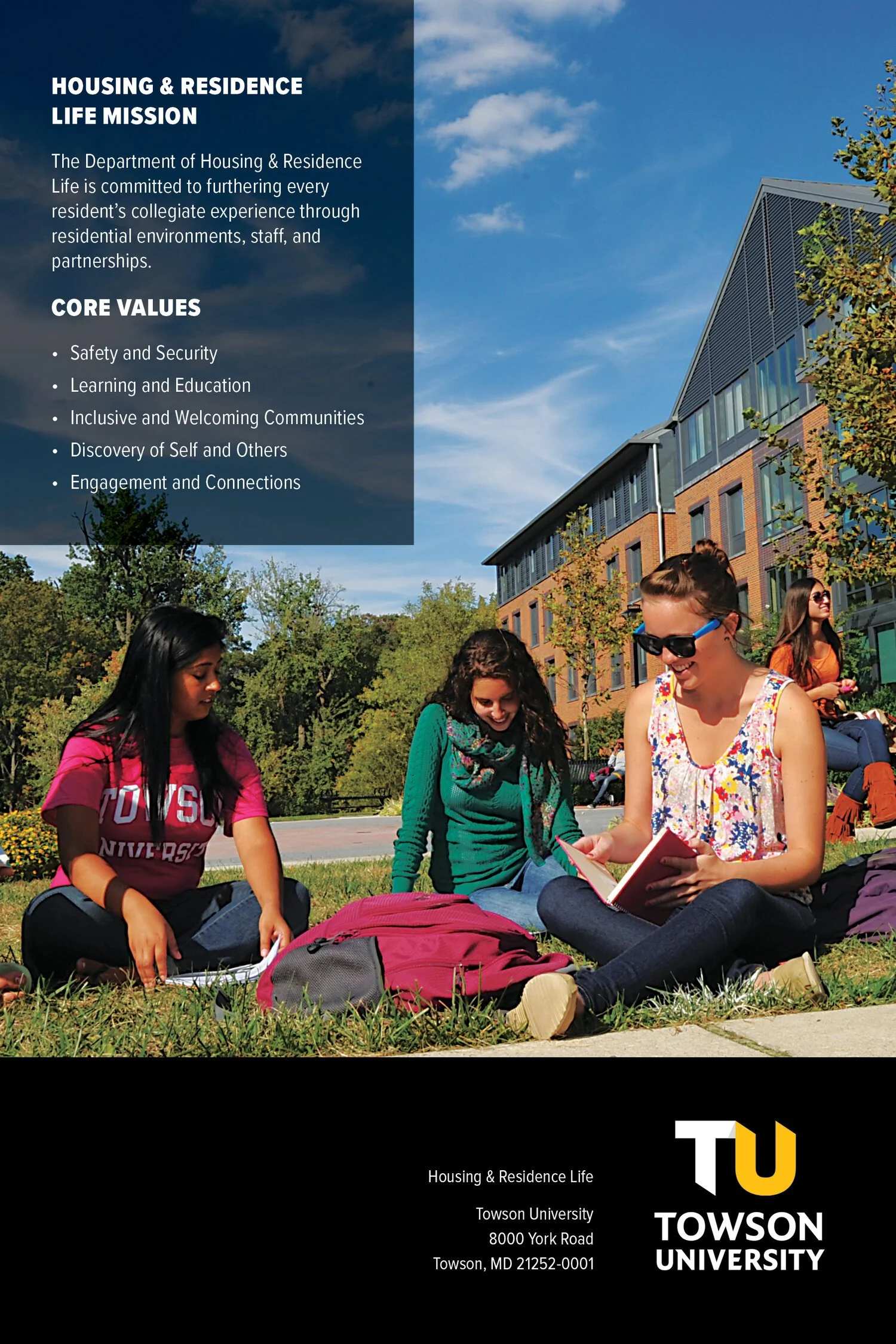 Brochure cover featuring students sitting on grass in front of a university building, with text about Towson University's housing and residence life, core values, and campus information.
