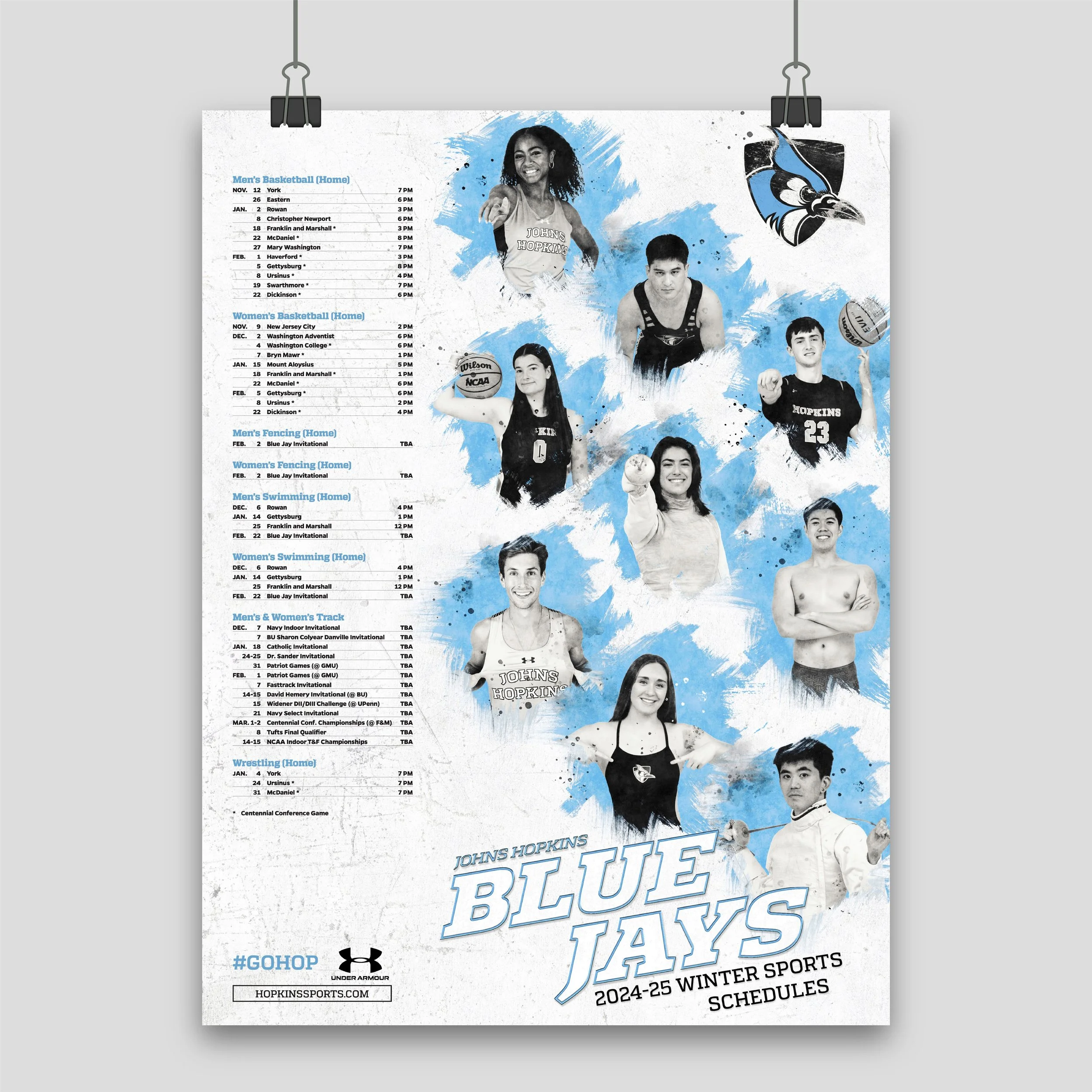 Johns Hopkins Blue Jays 2024-25 Winter Sports Schedules poster featuring images of diverse student-athletes and a Hopkins Jayhawk mascot logo.