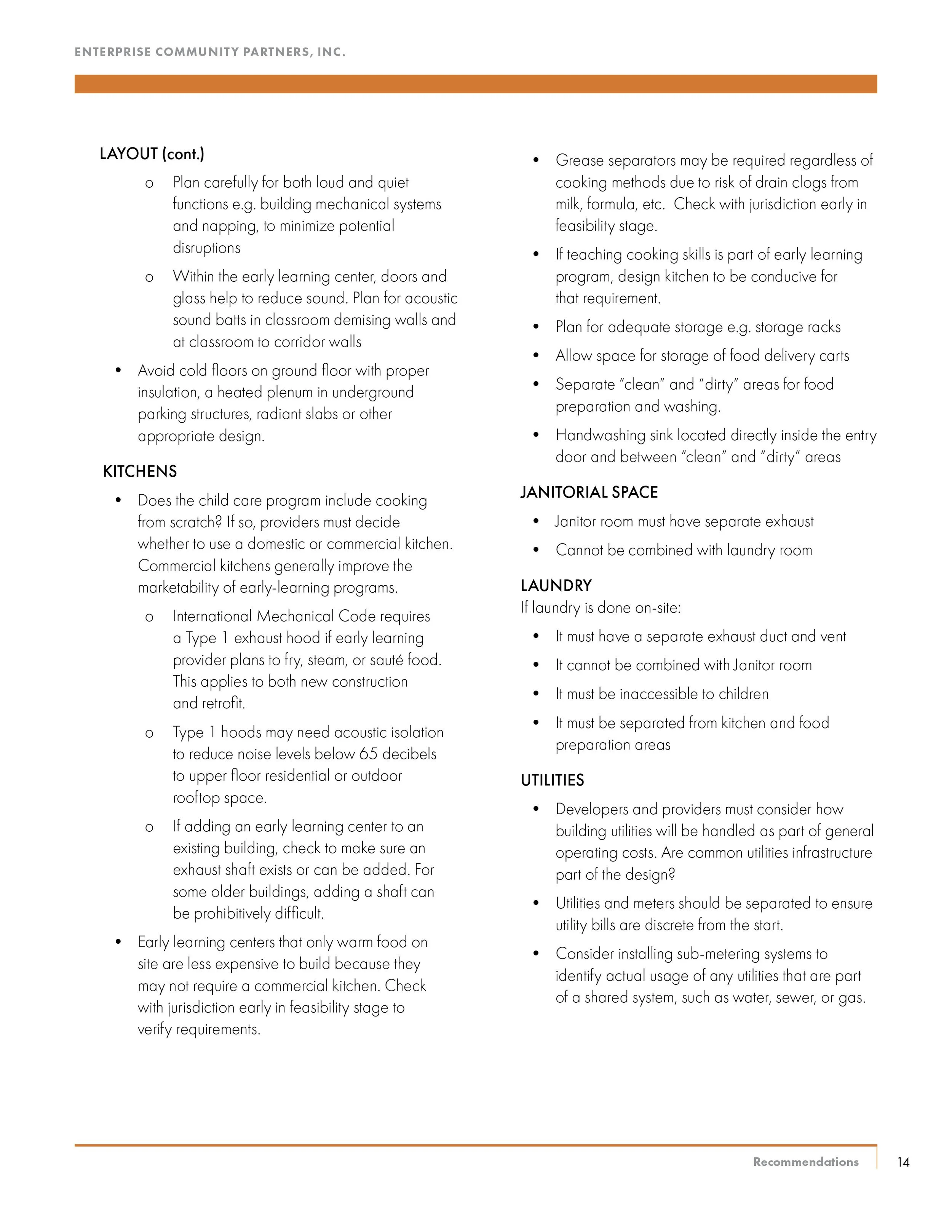 Page from a document titled 'Enterprise Community Partners, Inc.' discussing layout, kitchens, janitorial space, laundry, and utilities for early learning centers.
