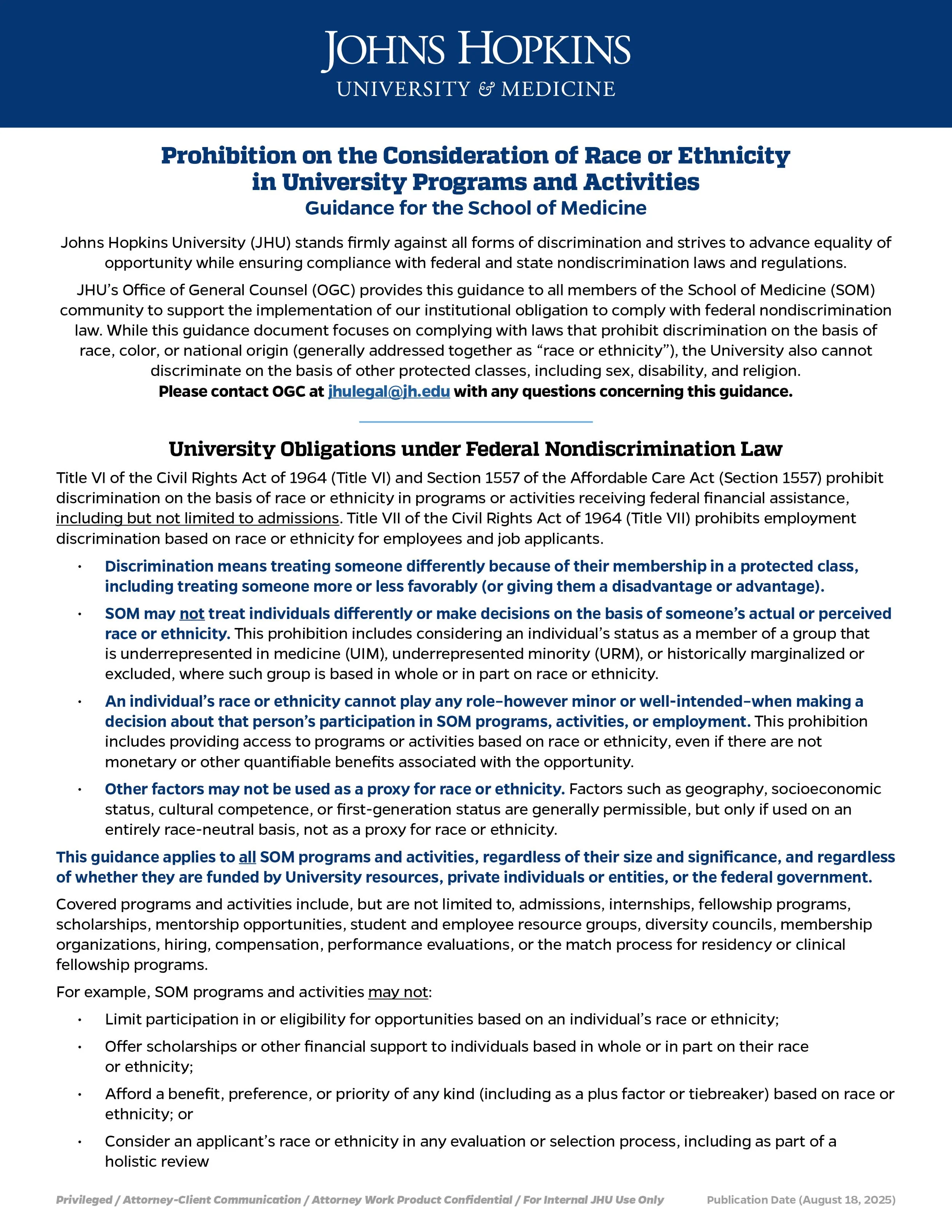 Document titled "Prohibition on the Consideration of Race or Ethnicity in University Programs and Activities" from Johns Hopkins University, with policies on non-discrimination and federal law compliance.
