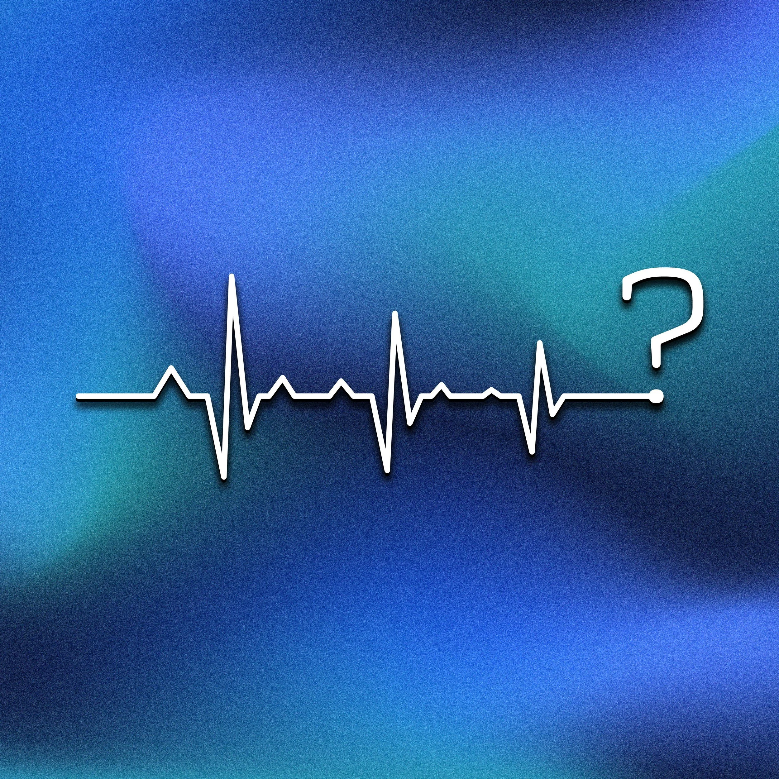 A stylized heartbeat line ending with a question mark on a blurred blue background.