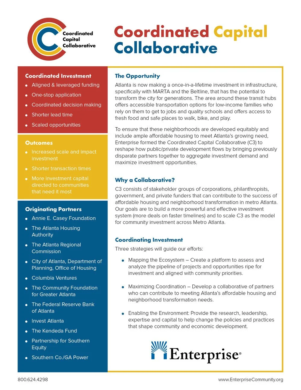 Information chart for Coordinated Capital Collaborative with sections on investment, outcomes, partners, and strategies, featuring a logo and colored sections.