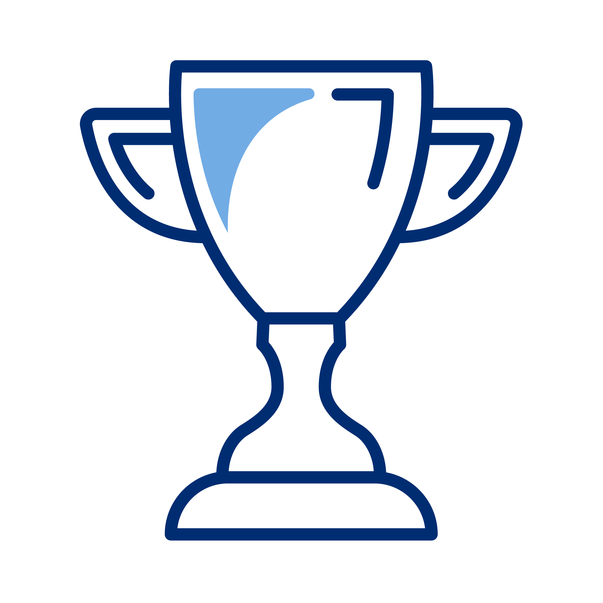 Outline drawing of a trophy cup with two laurel branches on either side, in blue.
