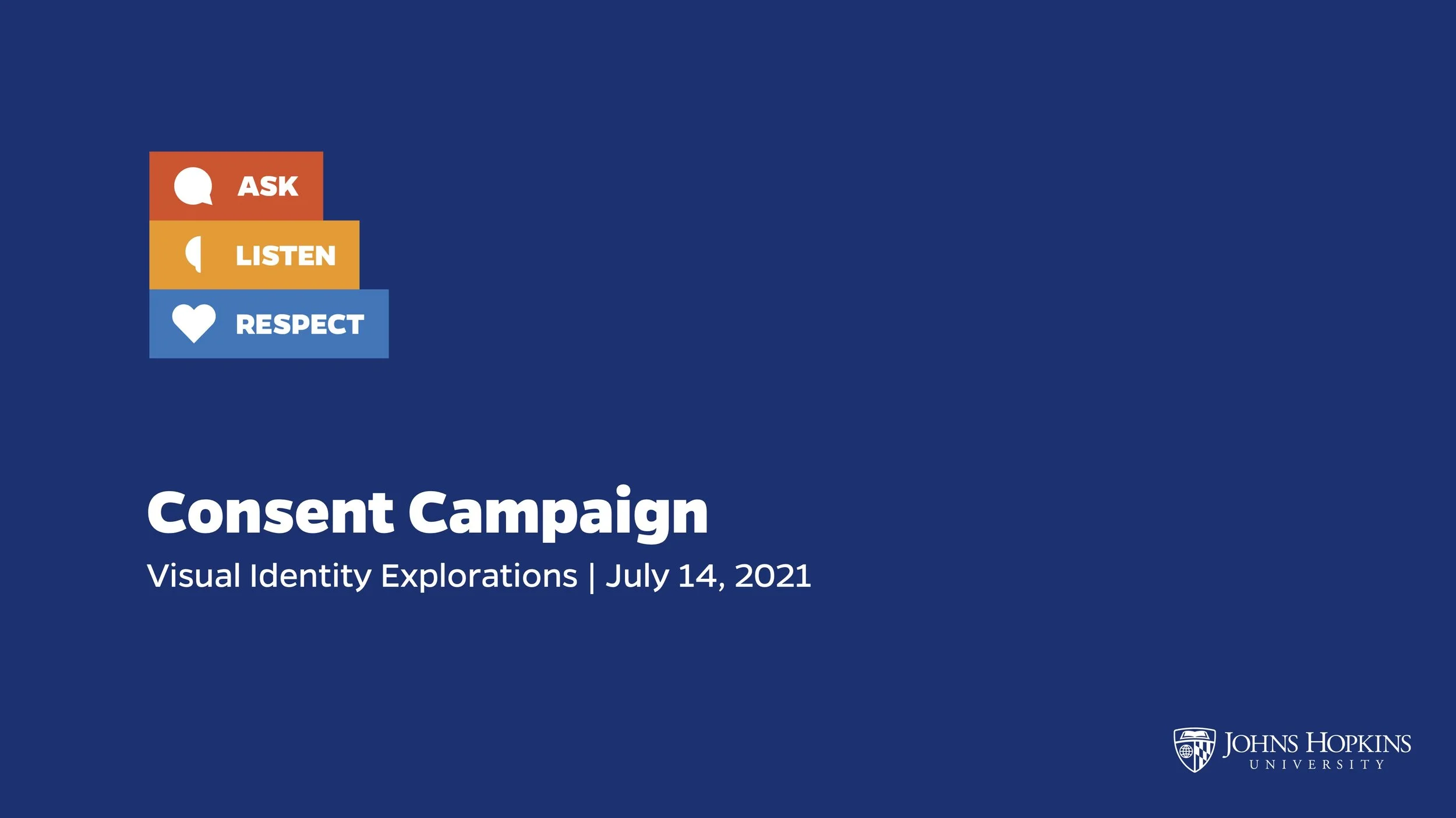 Slide from a presentation titled "Consent Campaign" by Johns Hopkins University, dated July 14, 2021, discussing visual identity explorations. It features three colored blocks with icons and words: a speech bubble saying "Ask," an ear saying "Listen,