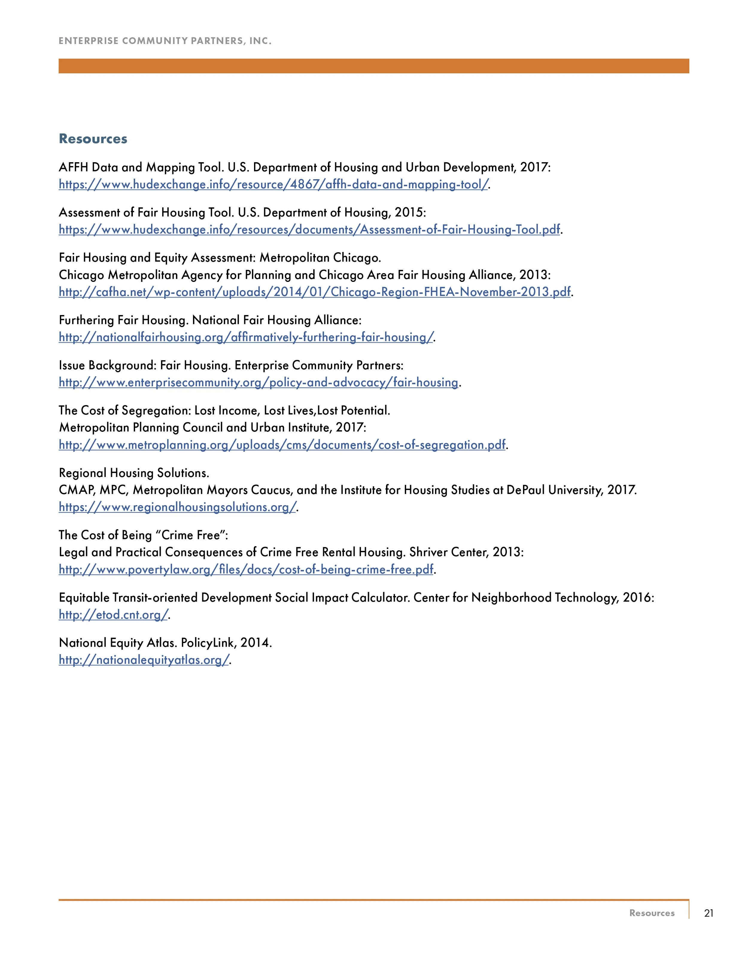 Page from a document titled 'Resources' listing various links and references related to affordable housing, fair housing, segregation, crime-free housing, and community development.