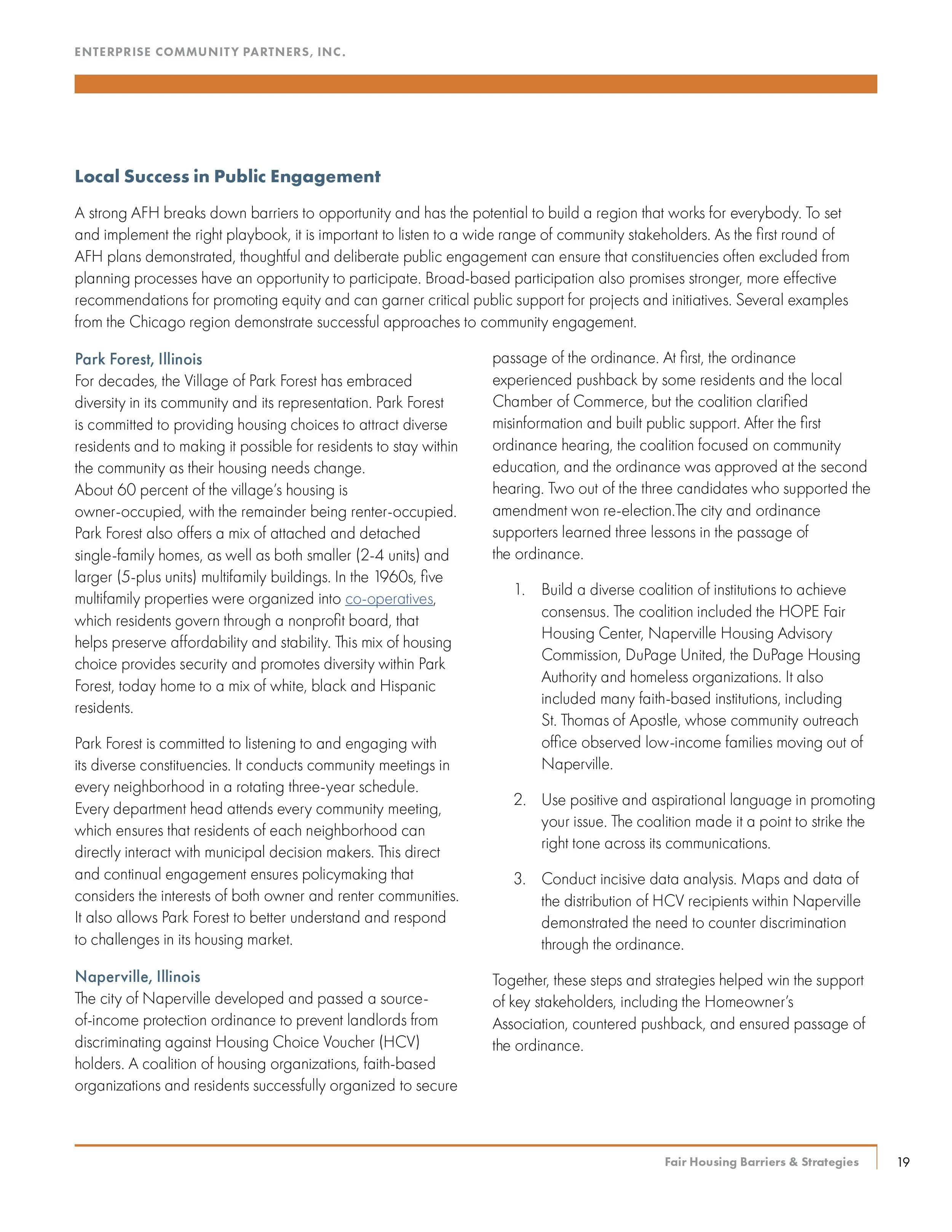 Page 19 of a document titled 'Fair Housing Barriers & Strategies,' discussing community engagement, with sections about Park Forest, Illinois, and Naperville, Illinois, including strategies and achievements related to affordable housing and ordinance