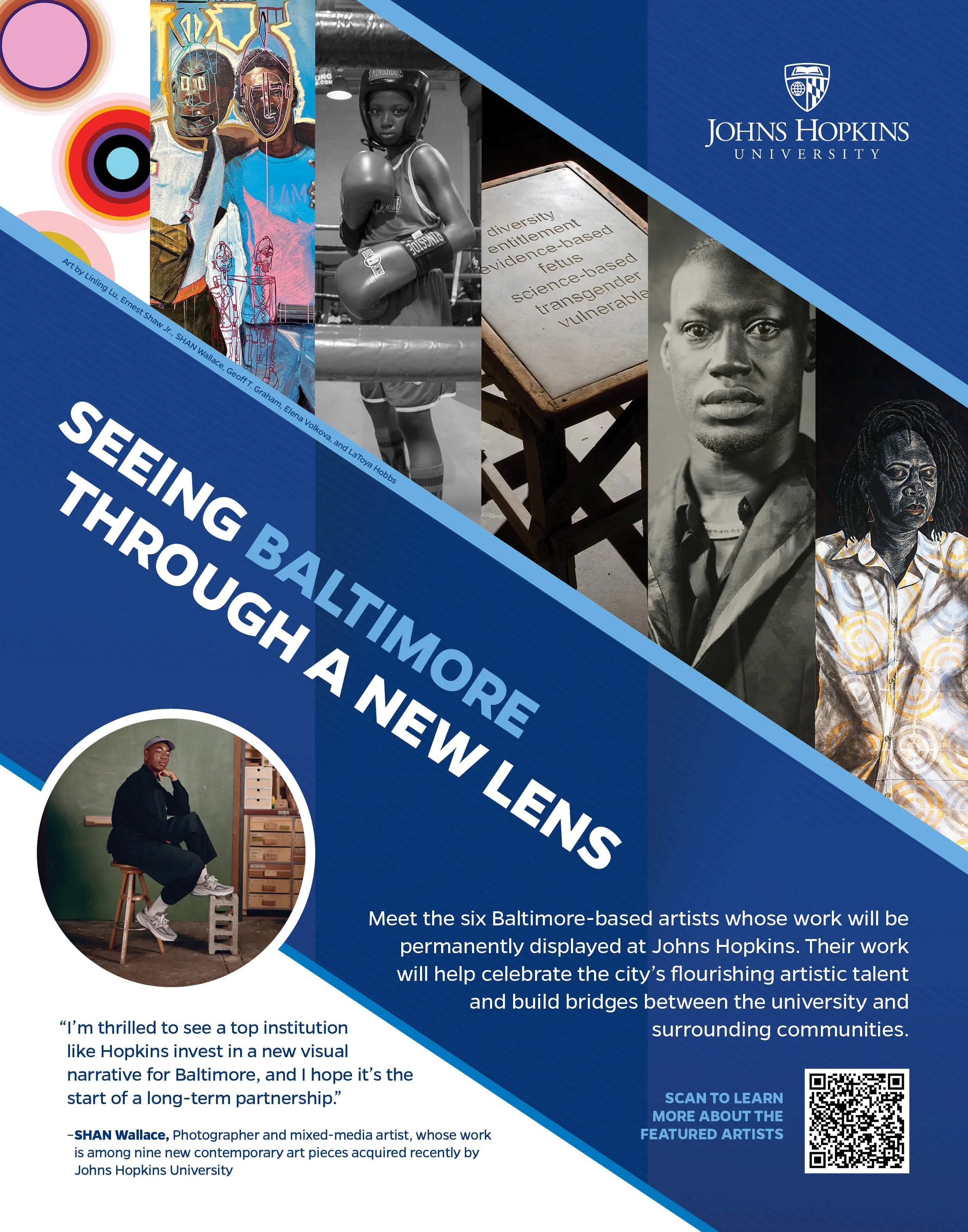 Poster titled 'Seeing Baltimore Through a New Lens' featuring diverse artwork, photos of artists, and information about Maryland-based artists showcased at Johns Hopkins University, including a QR code for more details.