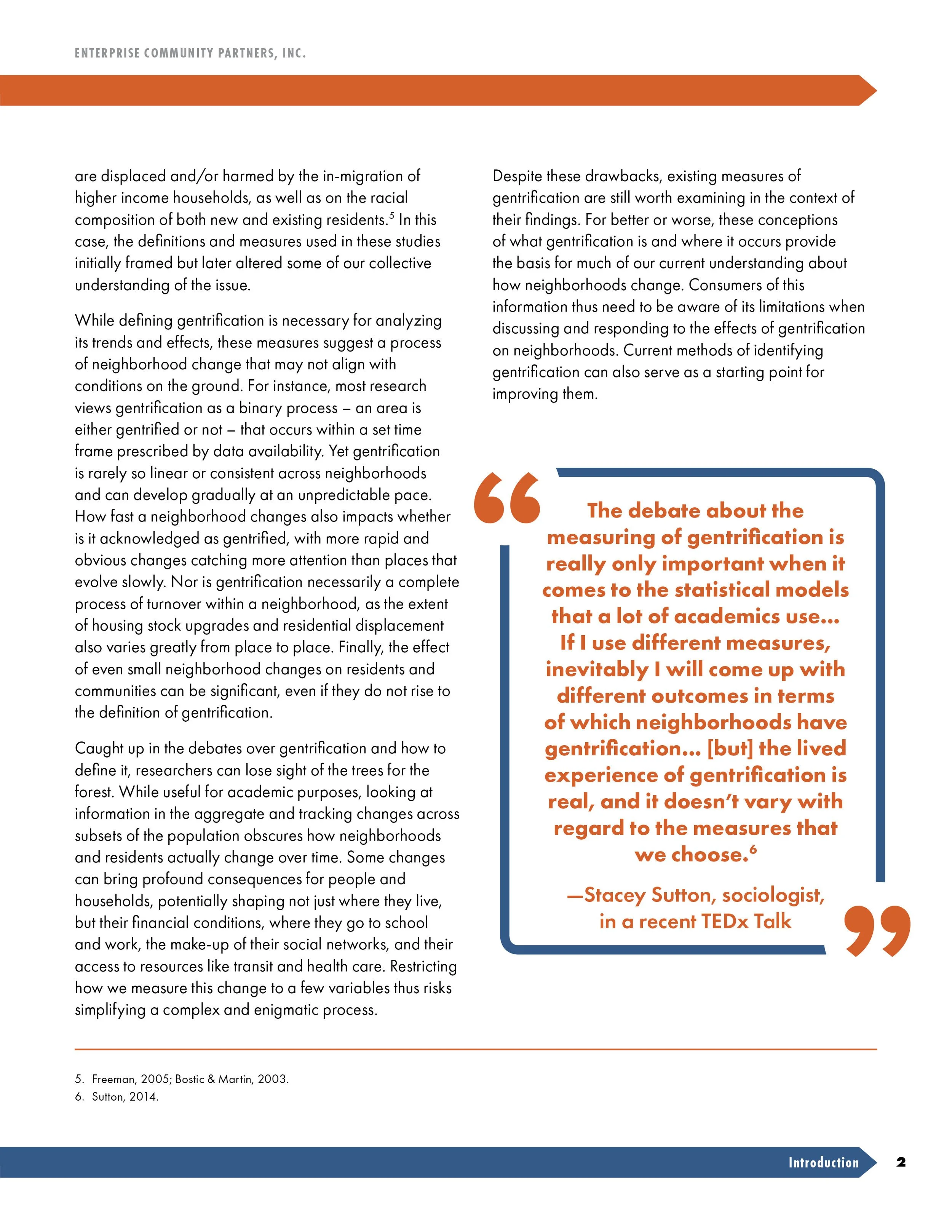 Page from a publication by Enterprise Community Partners, Inc., discussing gentrification, including a quotation from Stacey Sutton about the importance of different measures and lived experience. The page has a header, body text, and a blue-bordered