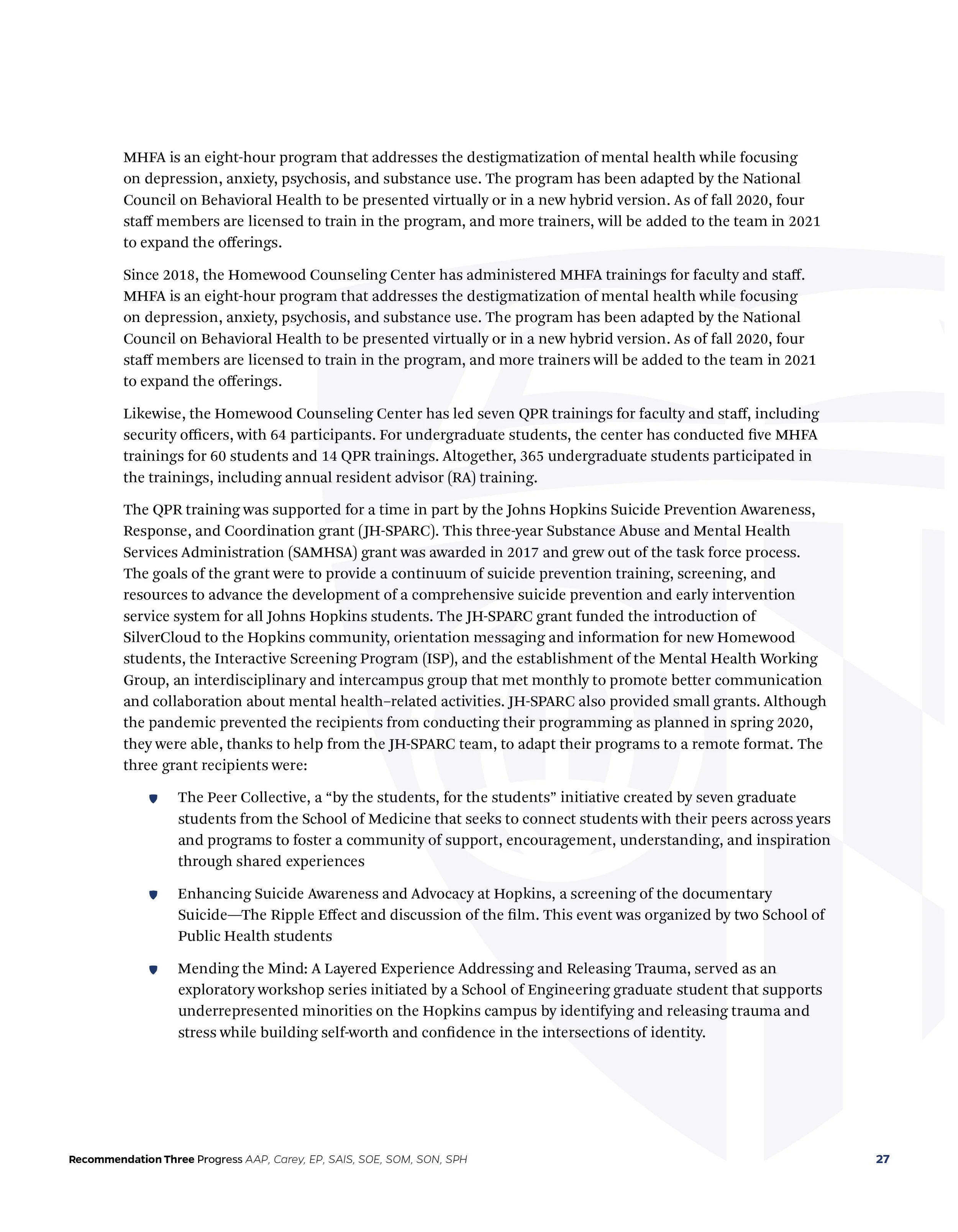 Text-heavy page from a report or document discussing mental health programs, training, and grants at the Homewood Counseling Center, including details about programs for students and staff, suicide prevention, and community outreach initiatives.