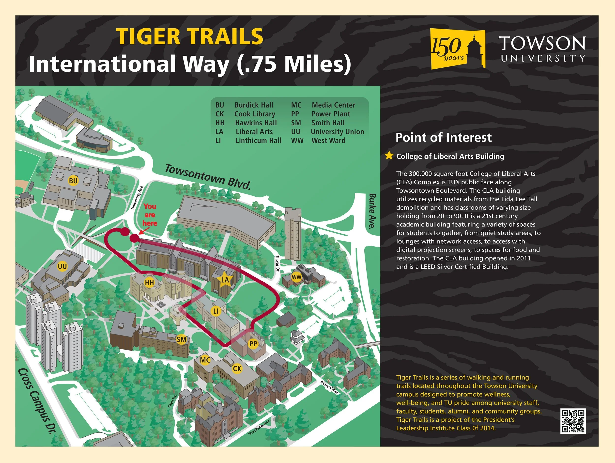 Map of Towson University depicting Tiger Trails walking and running paths showing campus buildings, pathway routes, and points of interest including the College of Liberal Arts Building, with text descriptions and labels.