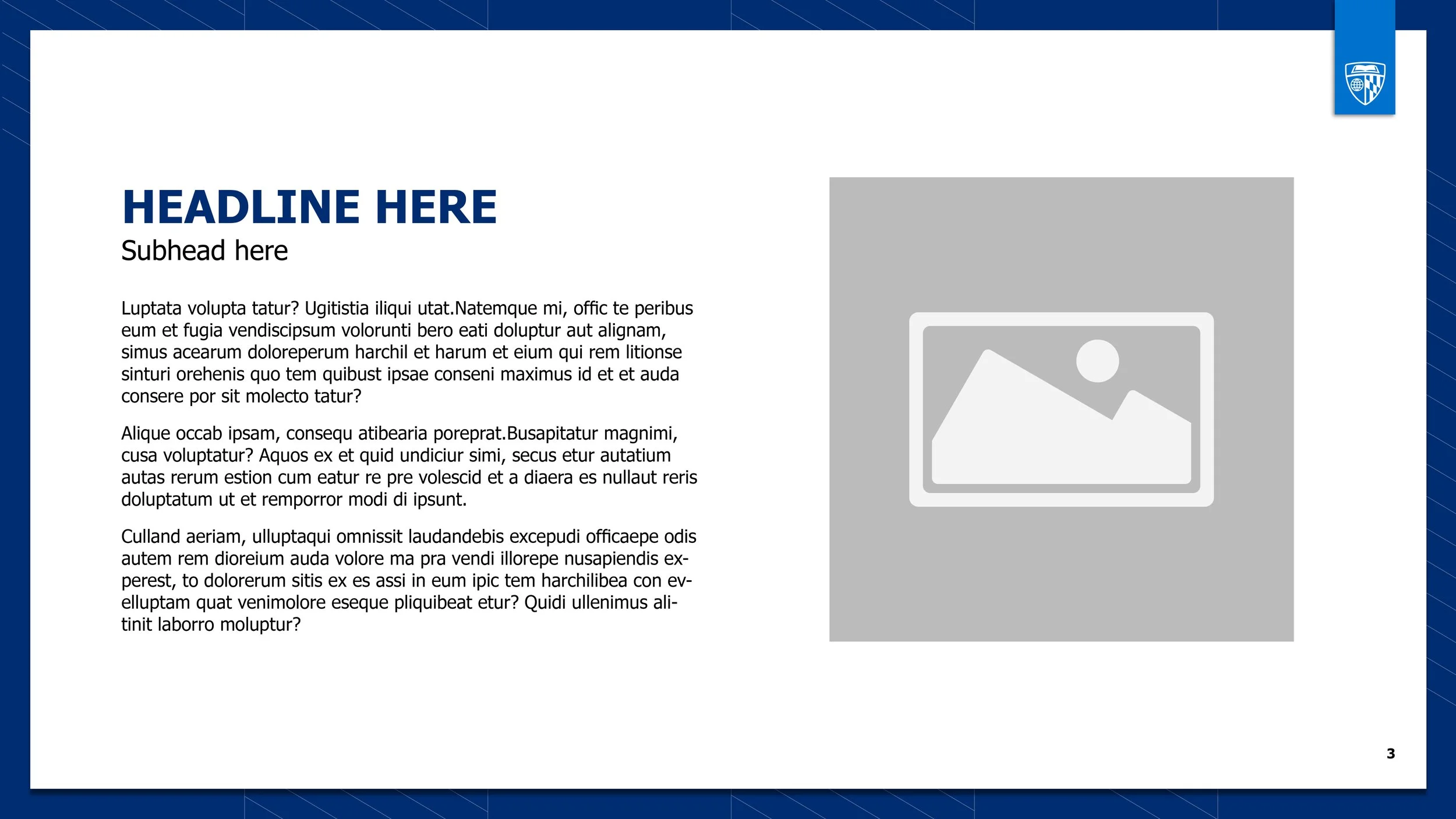 Slide template with blue header and footer, placeholder for a headline and subheading, and a gray square image icon on the right side.