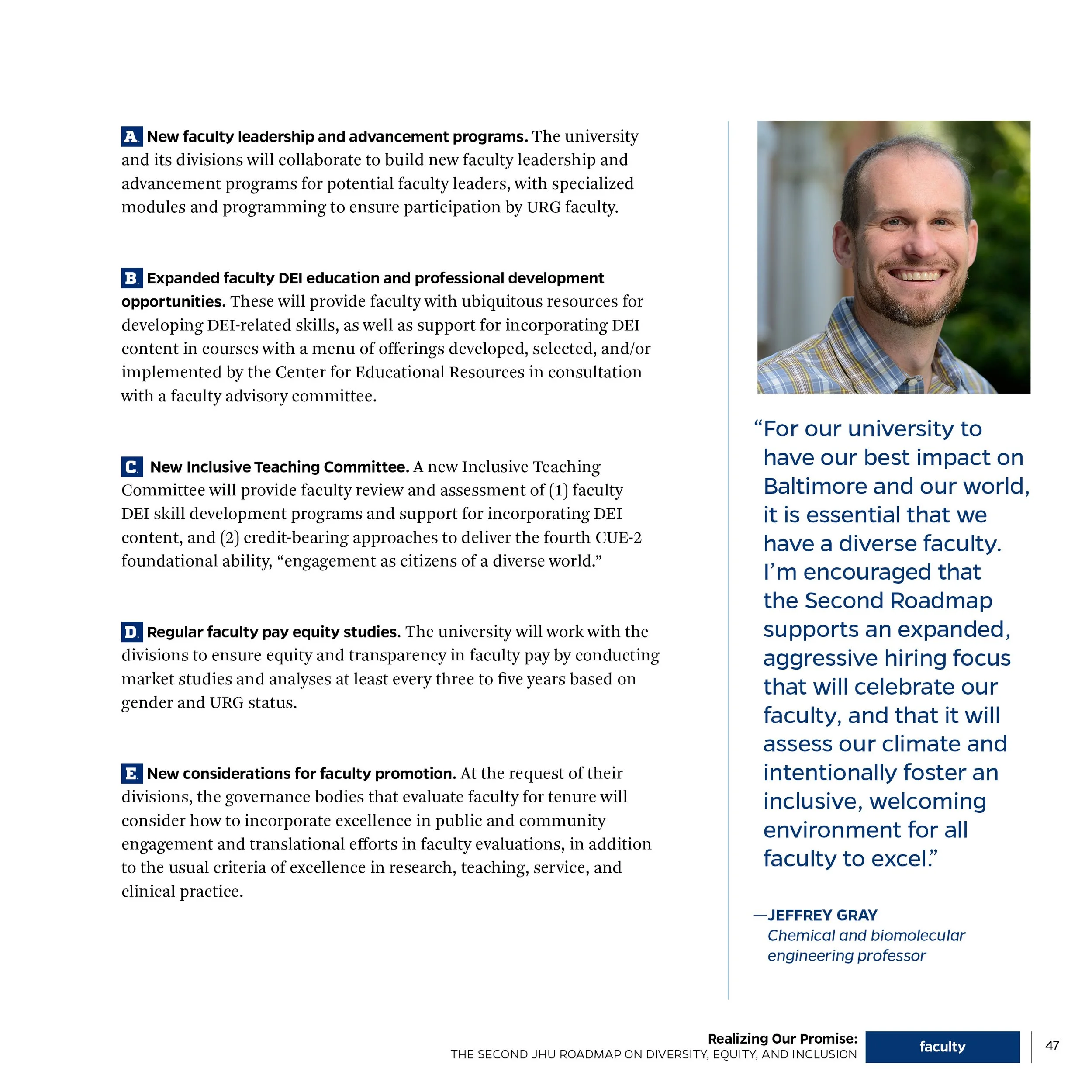 Text page with five points, a photo of a man smiling, and a quote from Jeffrey Gray, a chemical and biomolecular engineering professor. The points discuss university programs for faculty leadership, diversity, and equity, and include a quote emphasiz