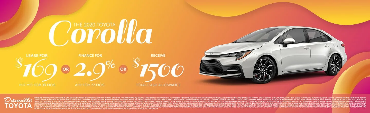 An advertisement for the 2020 Toyota Corolla featuring a silver car against a colorful background with text about lease, finance, and cash offer.