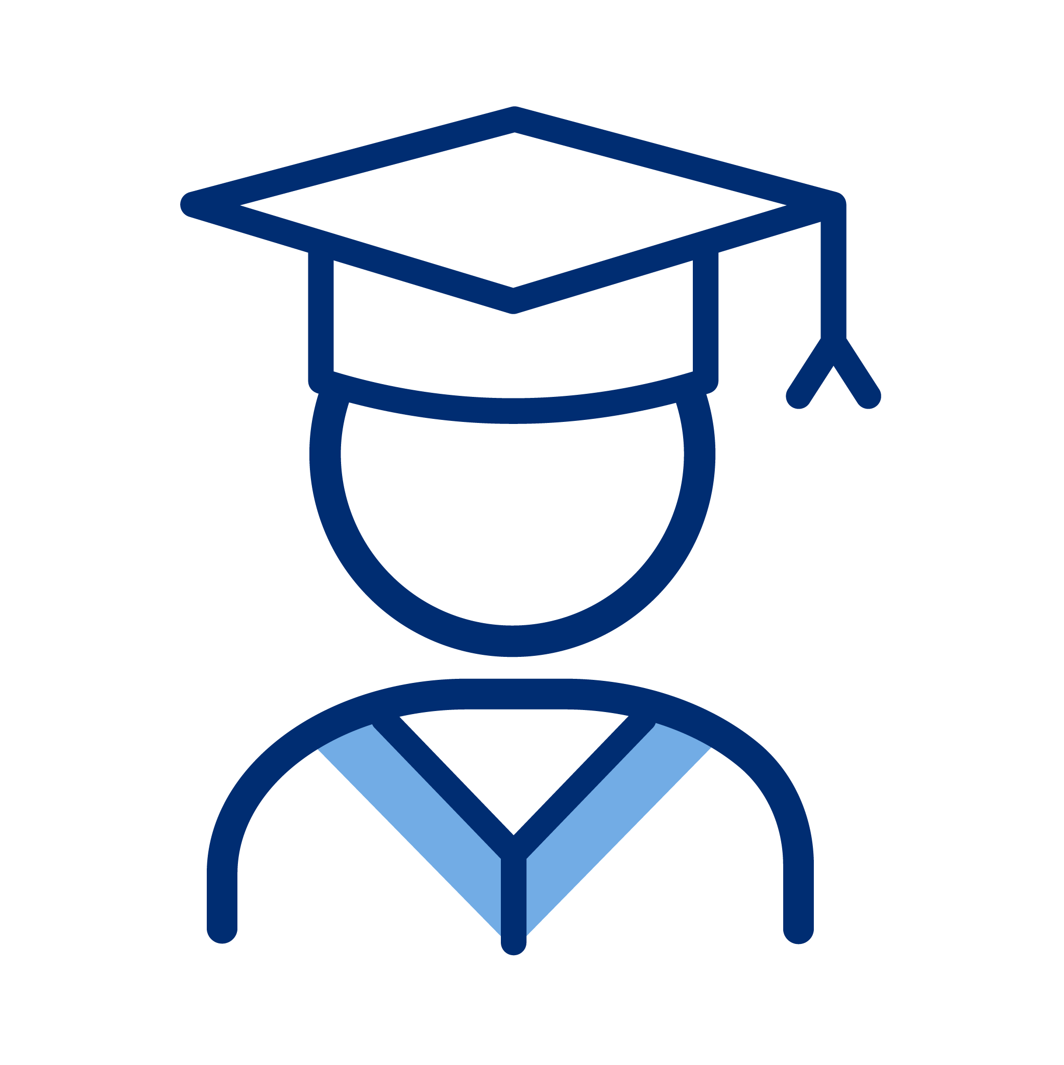 Line drawing of a person wearing a graduation cap and gown.
