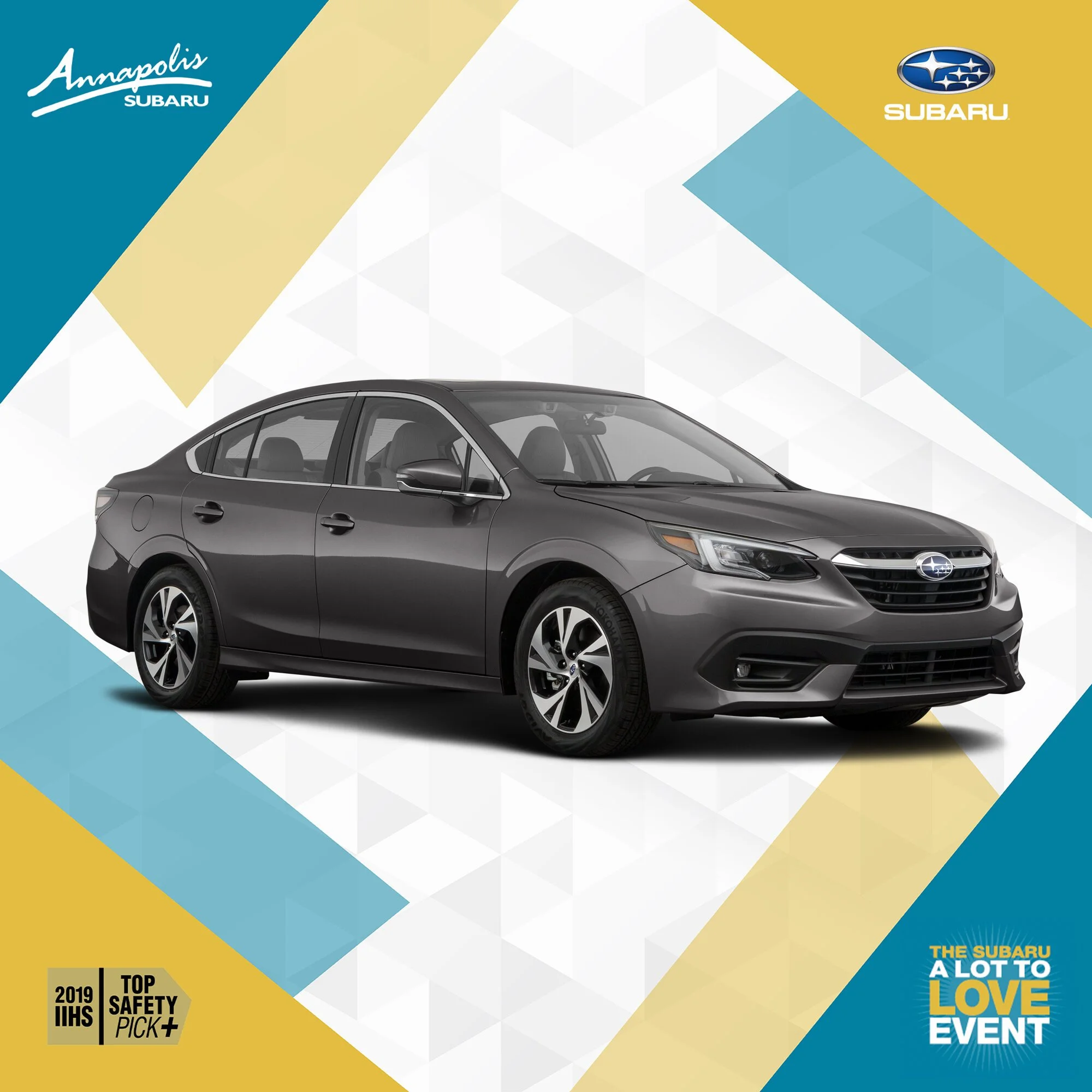 A gray sedan car displayed on a promotional background with the words 'Annapolis Subaru' and 'Subaru'. The background has geometric shapes in blue, beige, and white, and includes a badge indicating the car is a 2019 IIHS Top Safety Pick. The bottom r