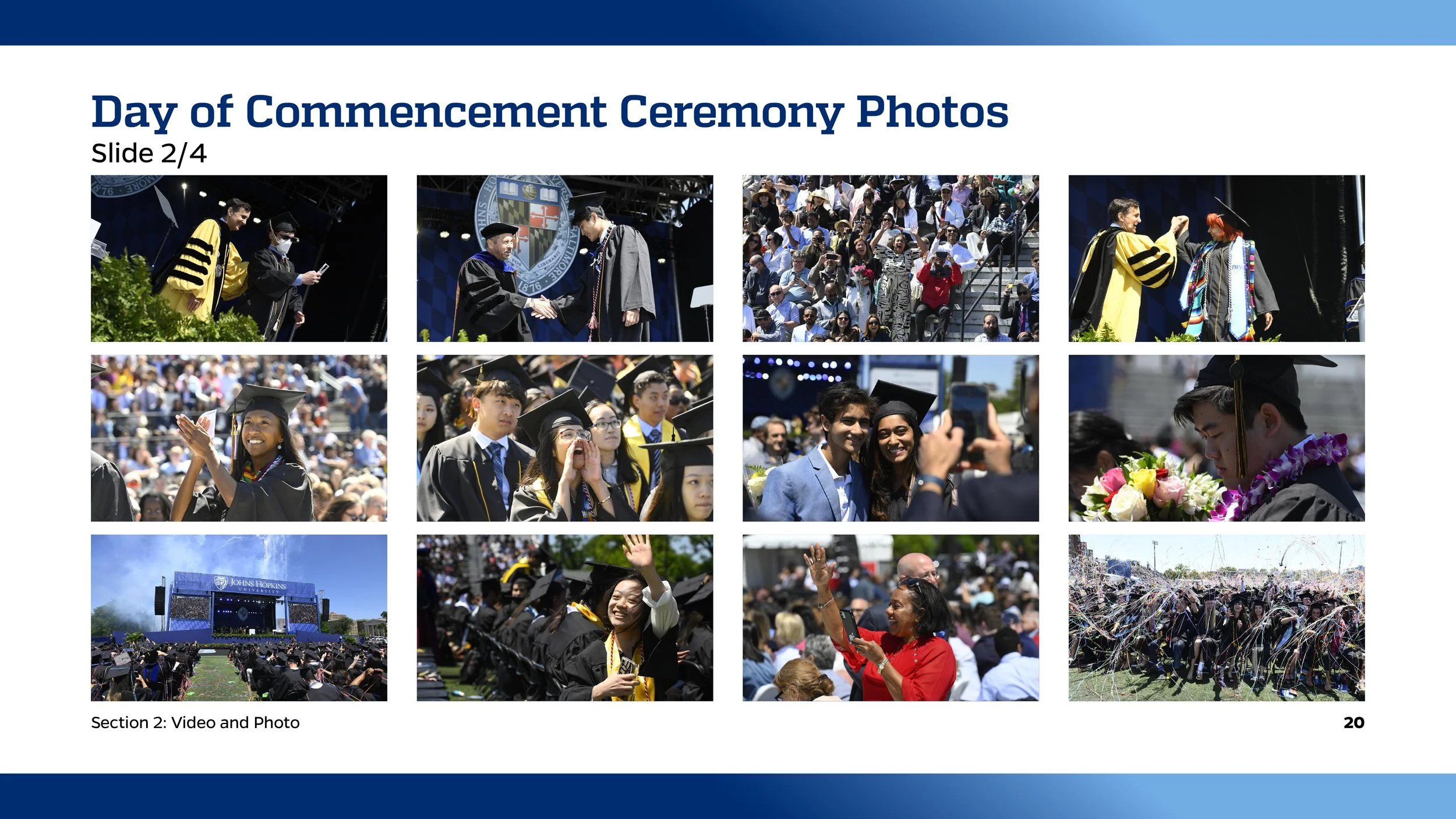 A collage of photos from a graduation ceremony, including students in caps and gowns, graduates receiving diplomas, speeches, and celebrations outdoors on a sunny day.