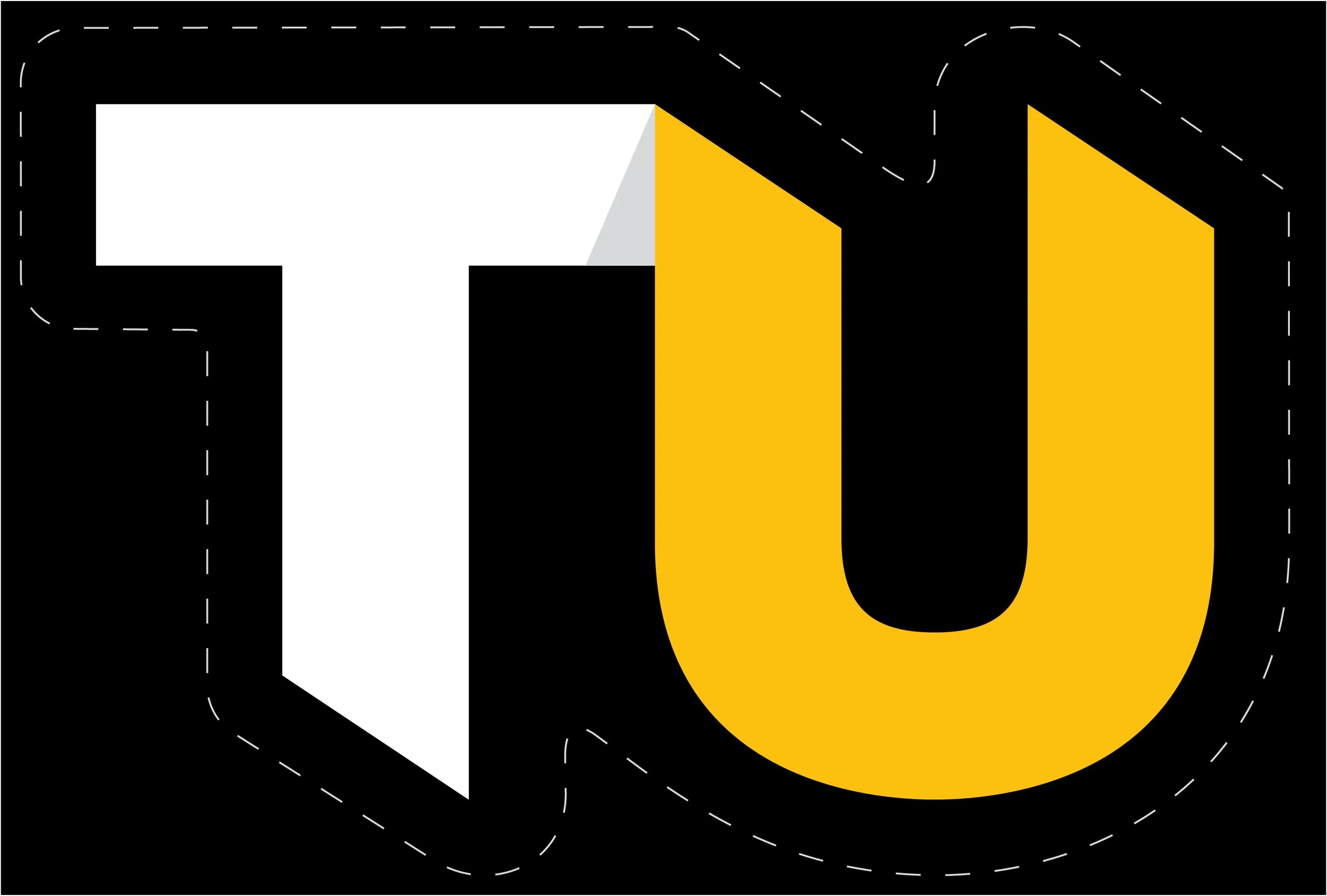Stylized logo with the letters 'TU' in block font, with the 'T' in white and the 'U' in yellow, on a black background.