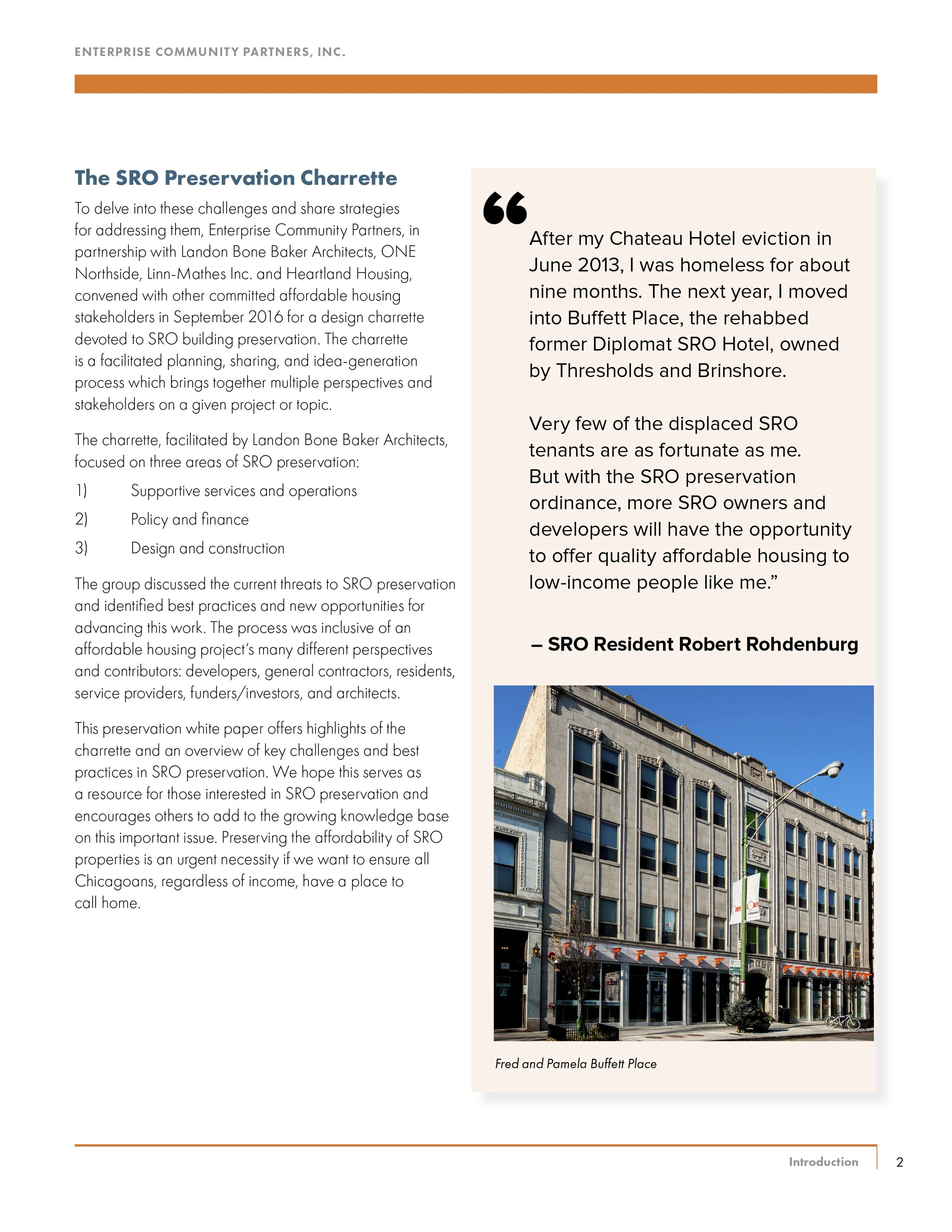 Page from a report titled 'The SRO Preservation Charrette' with text and a photograph of the Buffalo Place building in Chicago. The page discusses SRO preservation efforts and features a resident testimonial.