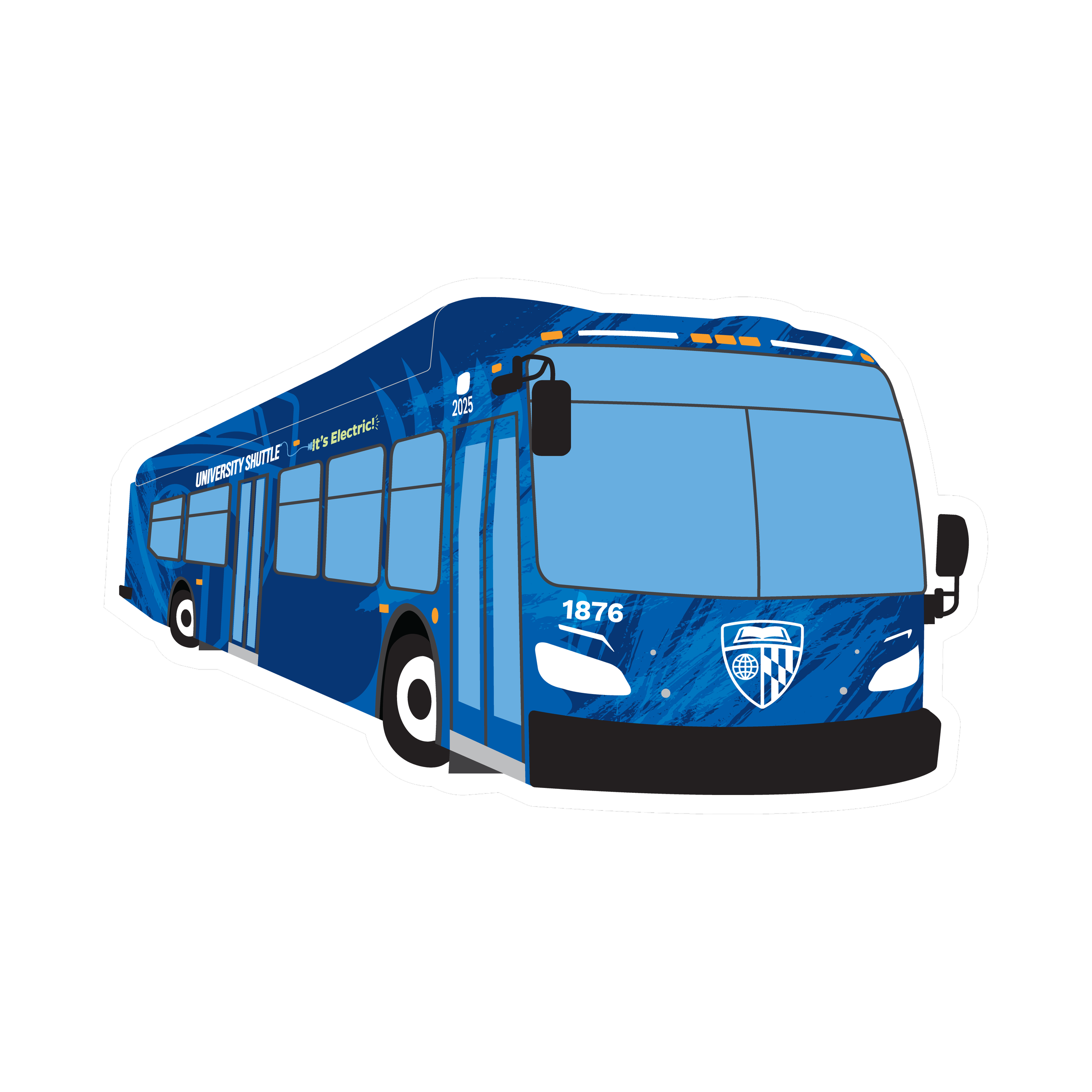 Digital illustration of a blue university shuttle bus with the university crest on the front, the words 'University Shuttle' and 'It's Electric!' on the side, and the year 2025.