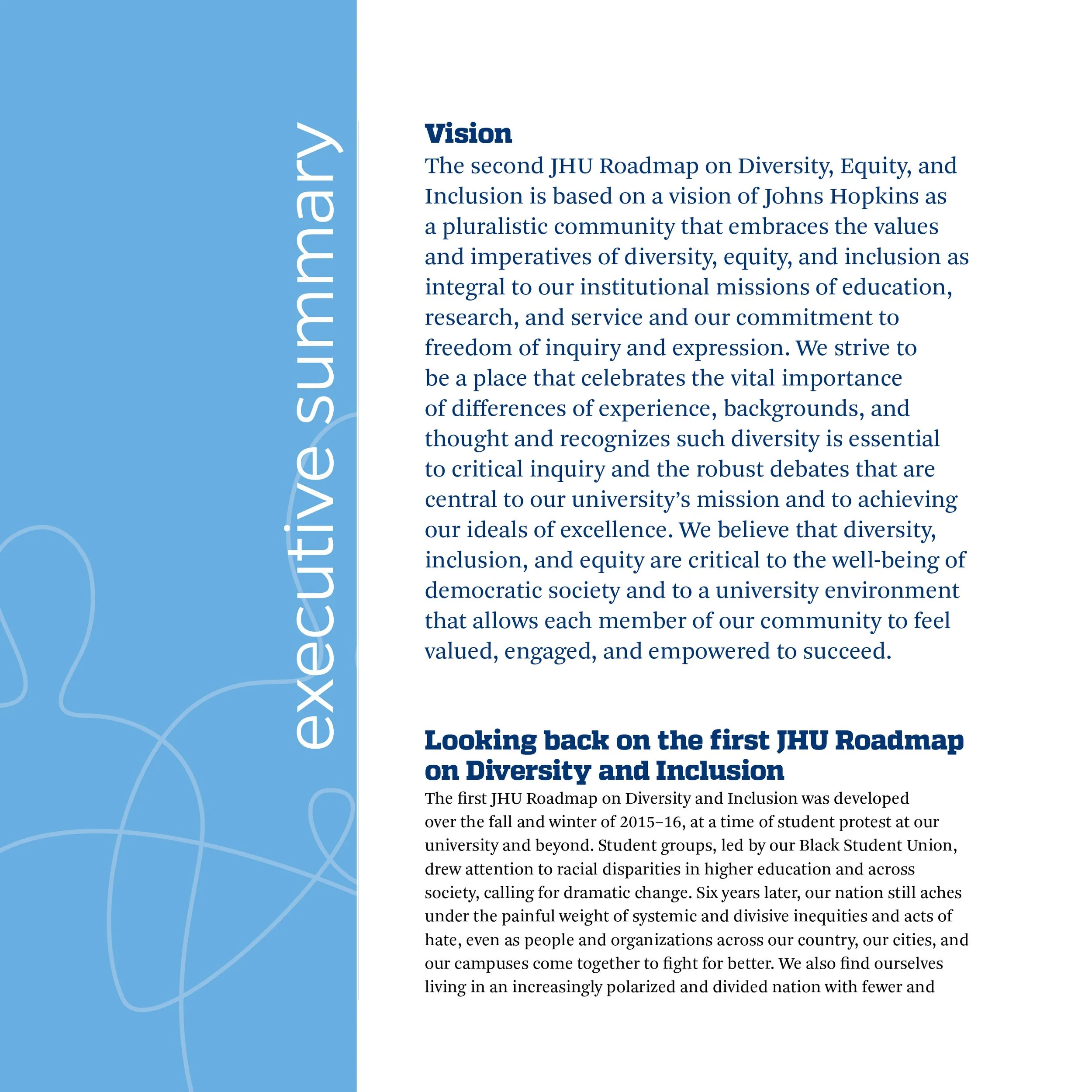 A printed document page with blue and white design, titled 'Executive Summary' on the left. The main text discusses the vision of Johns Hopkins University on diversity, equity, and inclusion, and reflecting on the first JHU Roadmap on Diversity and I