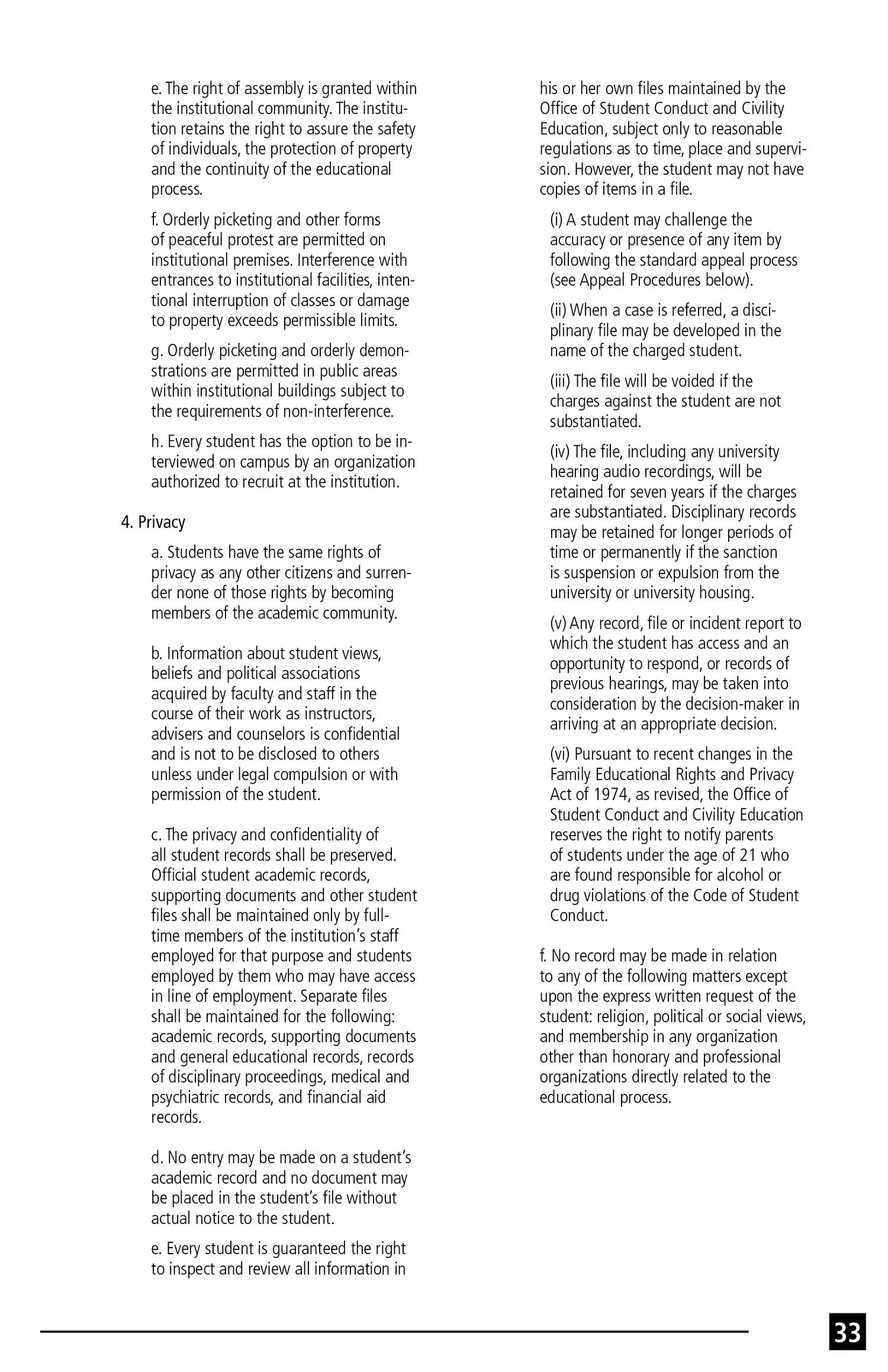 A printed document with text discussing policies on assembly, privacy, student rights, and data management at an educational institution.