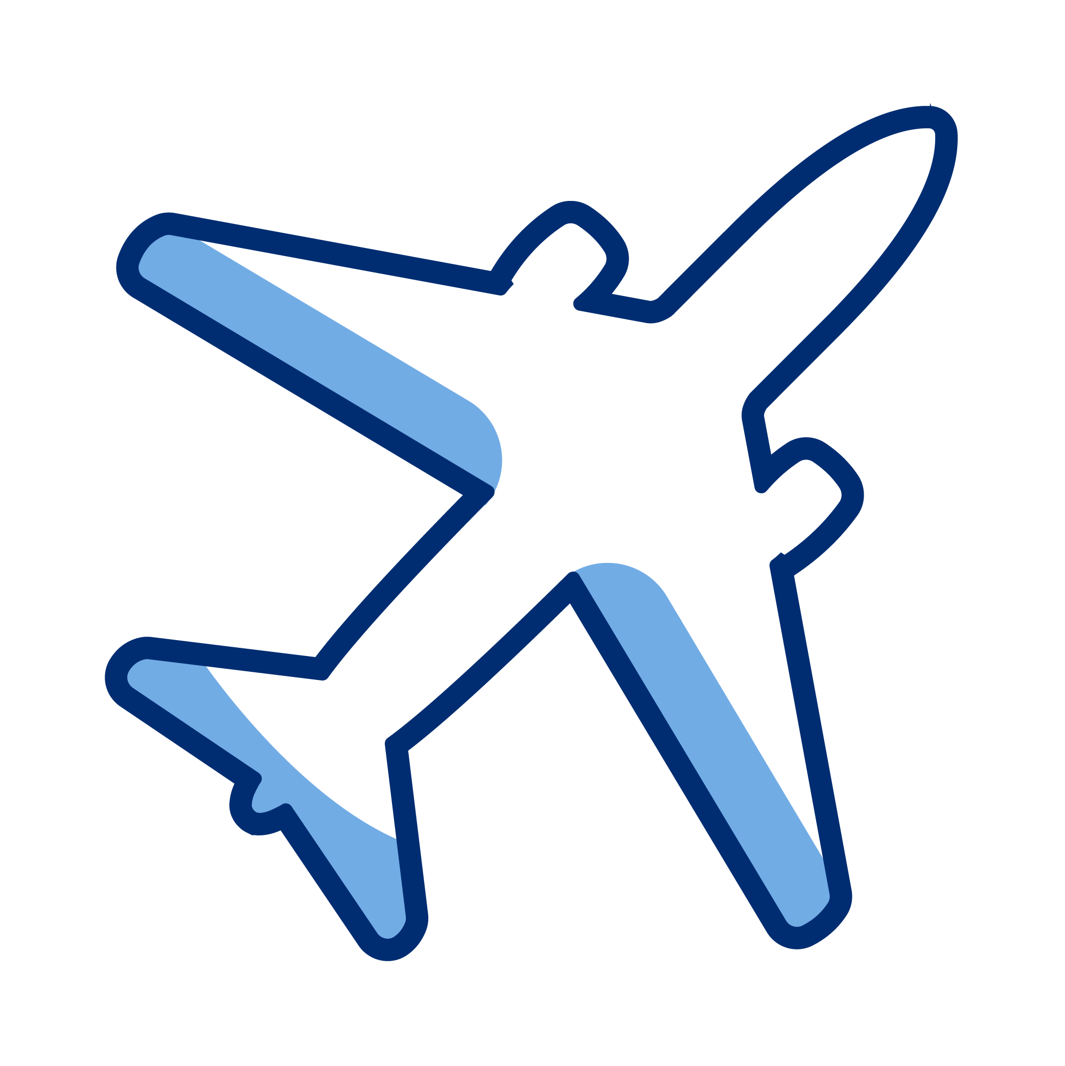Outline illustration of a stylized airplane with blue accents.