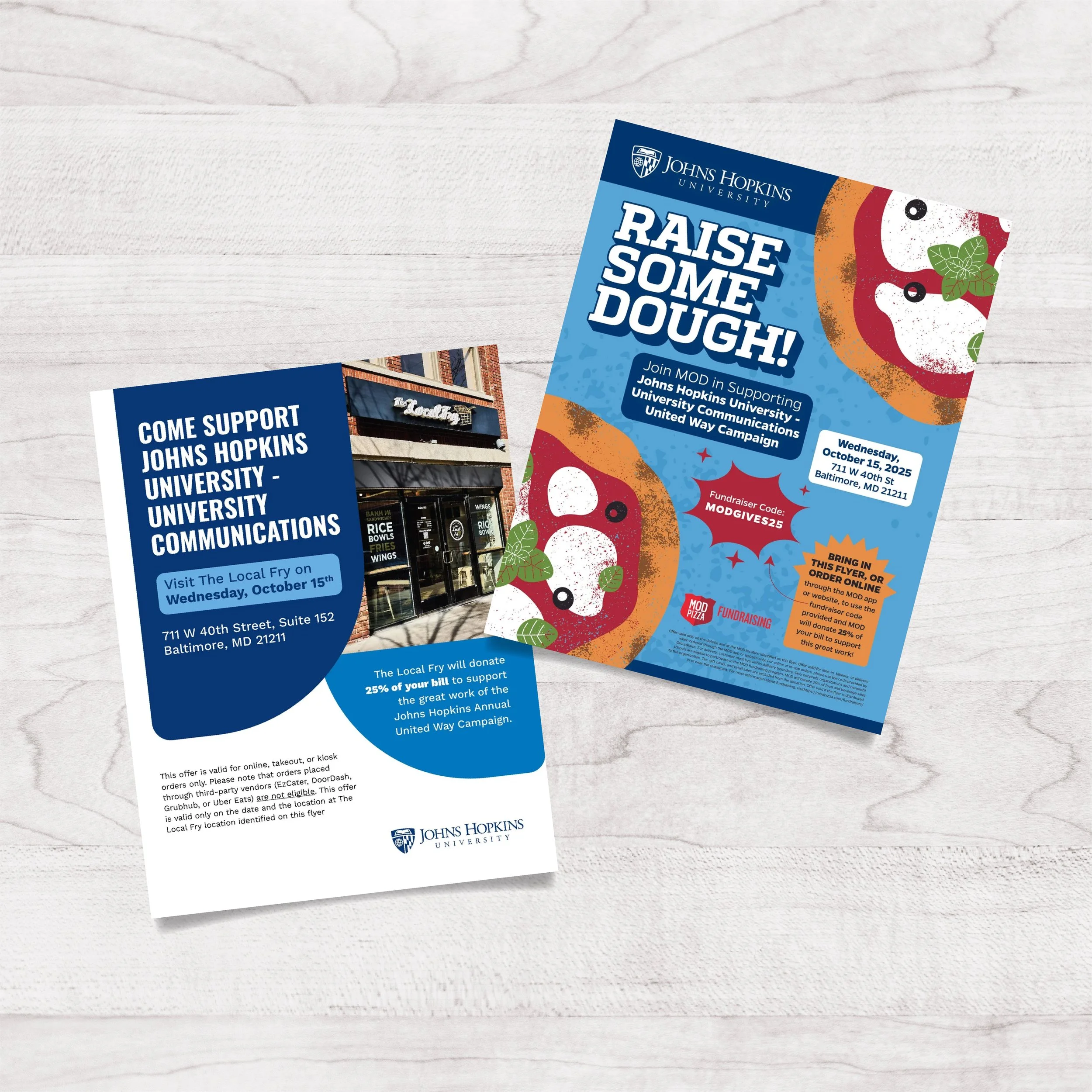 Flyer and postcard promoting a Johns Hopkins University fundraising event called "Raise Some Dough!" with bright colors, images of pizza, and event details including date, location, and a fundraiser code.