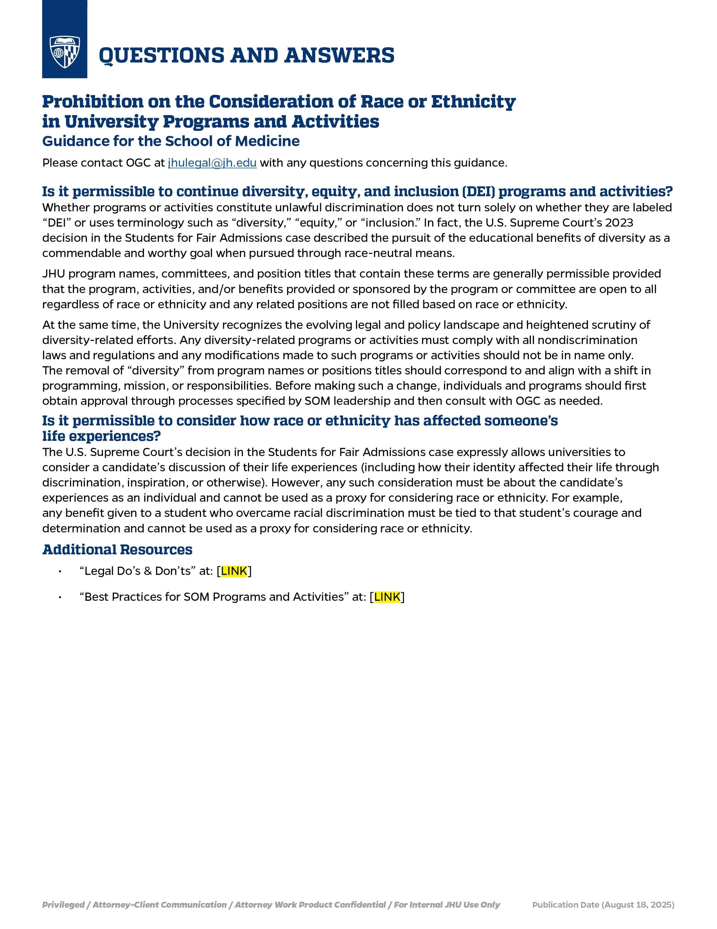 Document titled 'Questions and Answers' discussing university policies on race and ethnicity considerations in programs and activities, with links to resources.