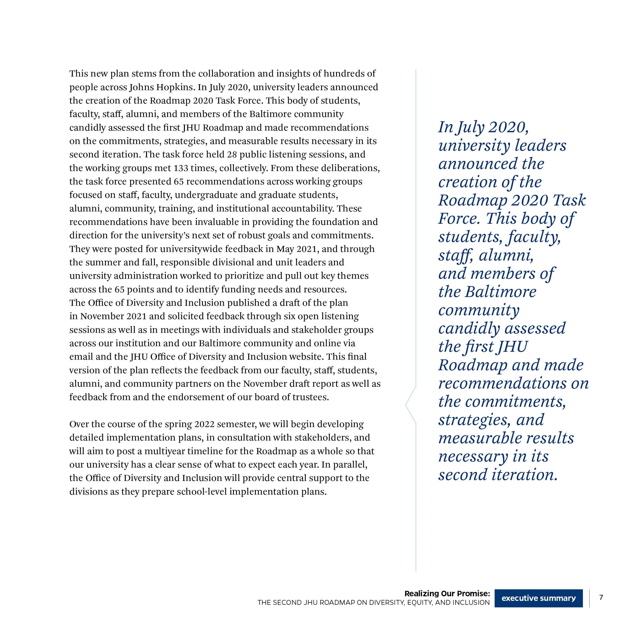 Page from a report or document with text discussing the creation of the Roadmap 2020 Task Force at Johns Hopkins University in July 2020, including details about the process, feedback, and future planning for diversity, equity, and inclusion initiati