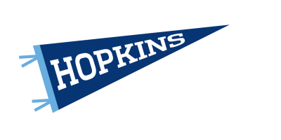 Blue pennant with white text that says 'HOPKINS' on a light blue background.