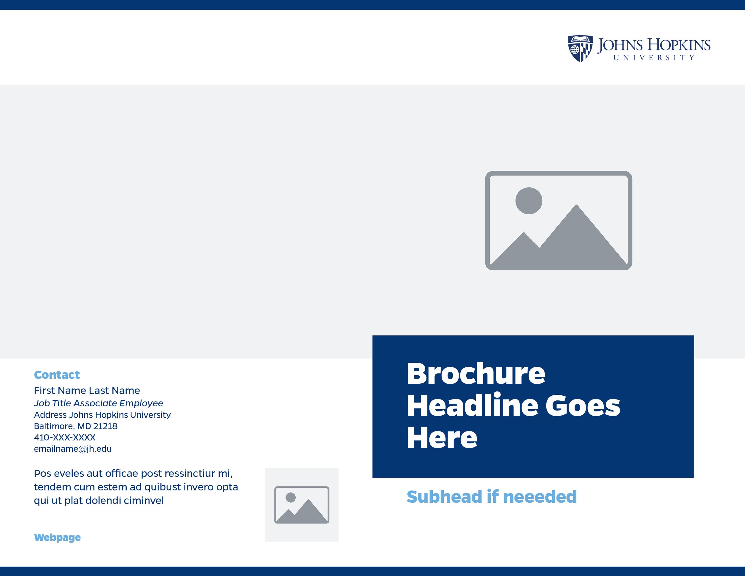 Sample brochure template with placeholder text, Johns Hopkins University logo, and image icons for customization.
