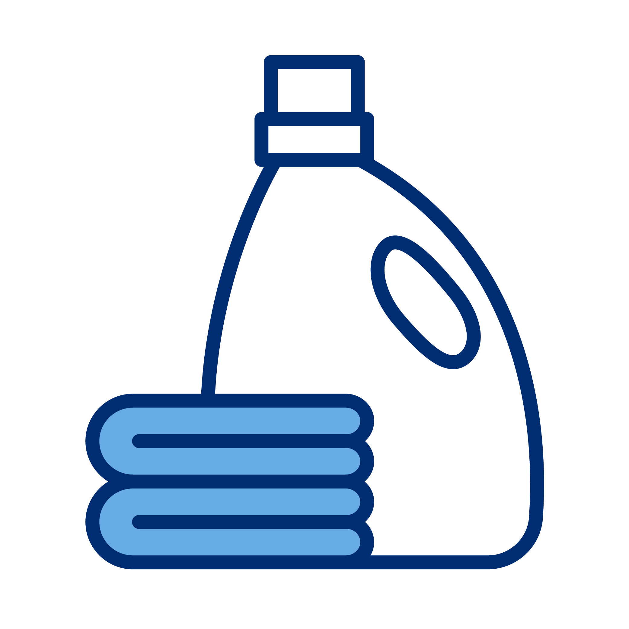 Outline of a bottle of laundry detergent and folded towels.