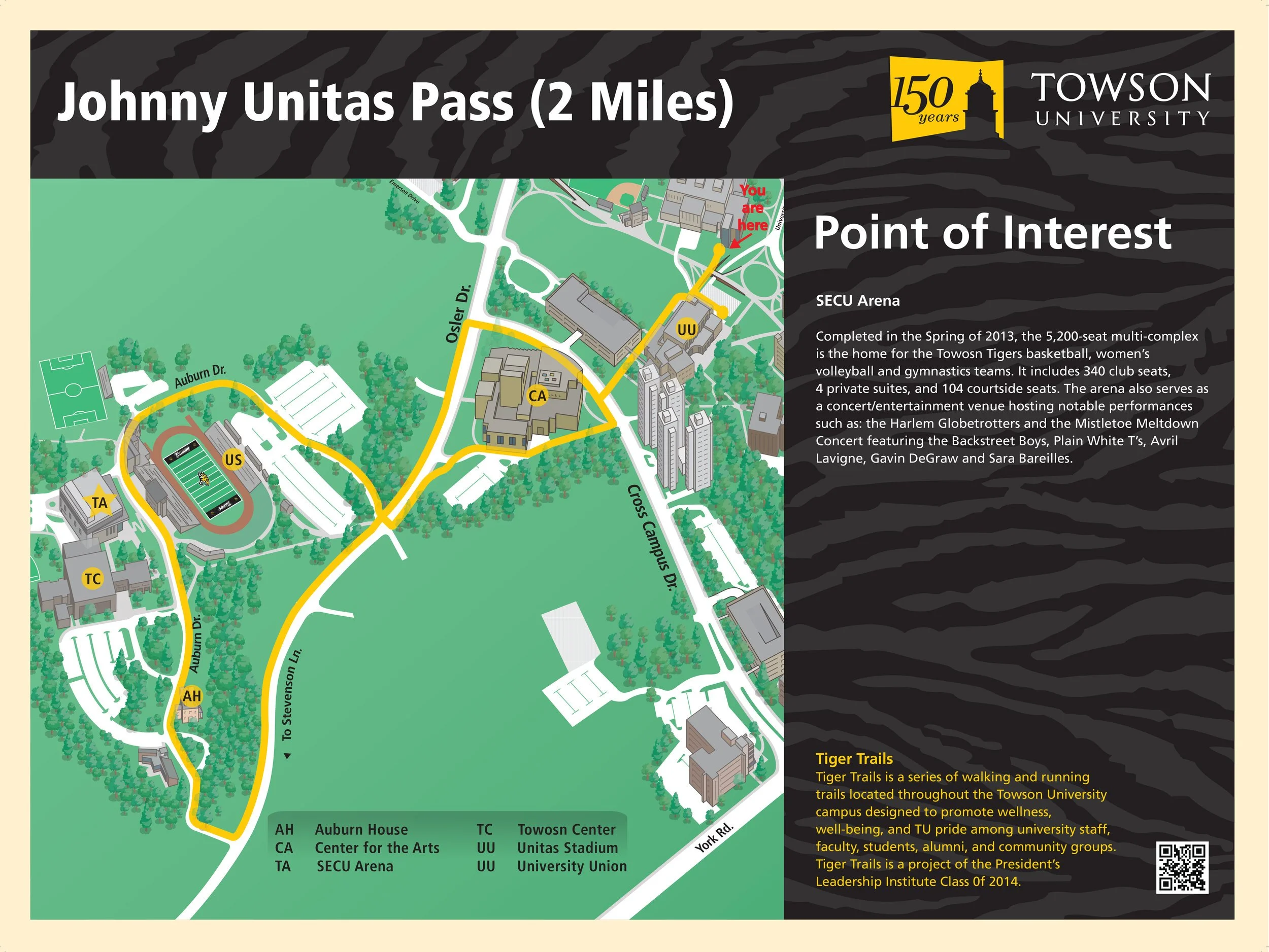Map of Towson University campus highlighting Johnny Unitas Pass trail and points of interest including SECU Arena, Auburn House, Center for the Arts, Towson Center, Unitas Stadium, and University Union. The map marks the viewer's current location and