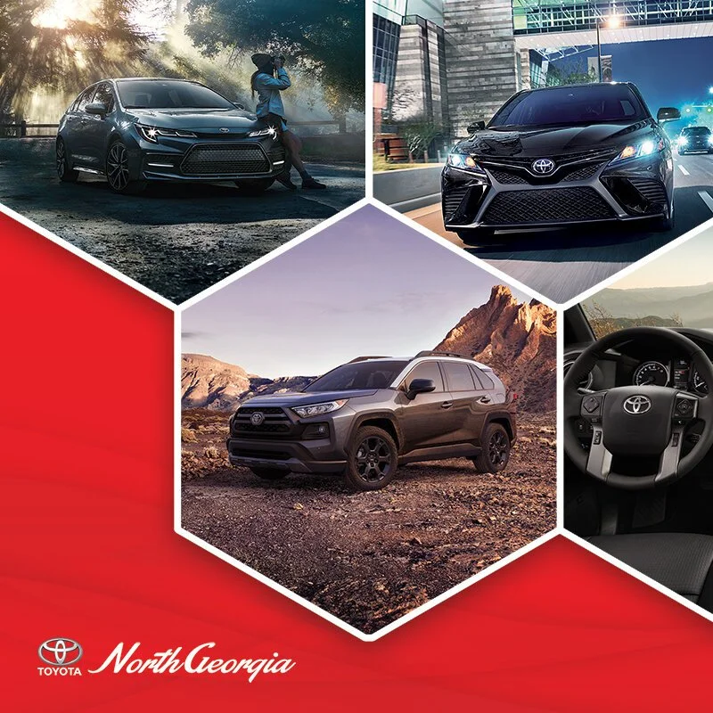 Collage of three Toyota vehicles: a blue hatchback parked in a wooded area, a black sedan driving through a cityscape, and a gray SUV in a desert landscape, with an interior shot of a Toyota steering wheel, all on a red background with the text "Nort