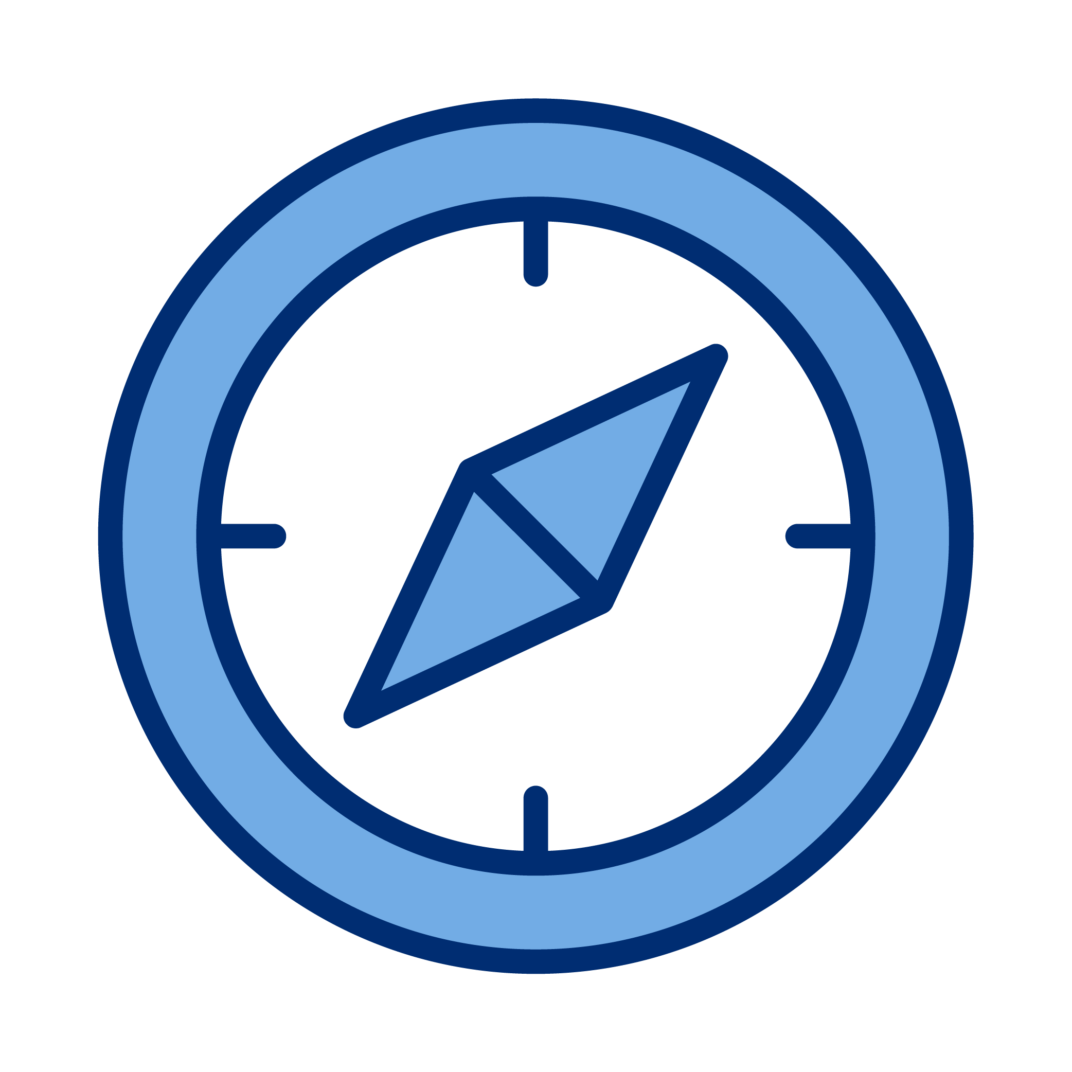 A compass with a blue outer ring and a blue needle pointing northeast.