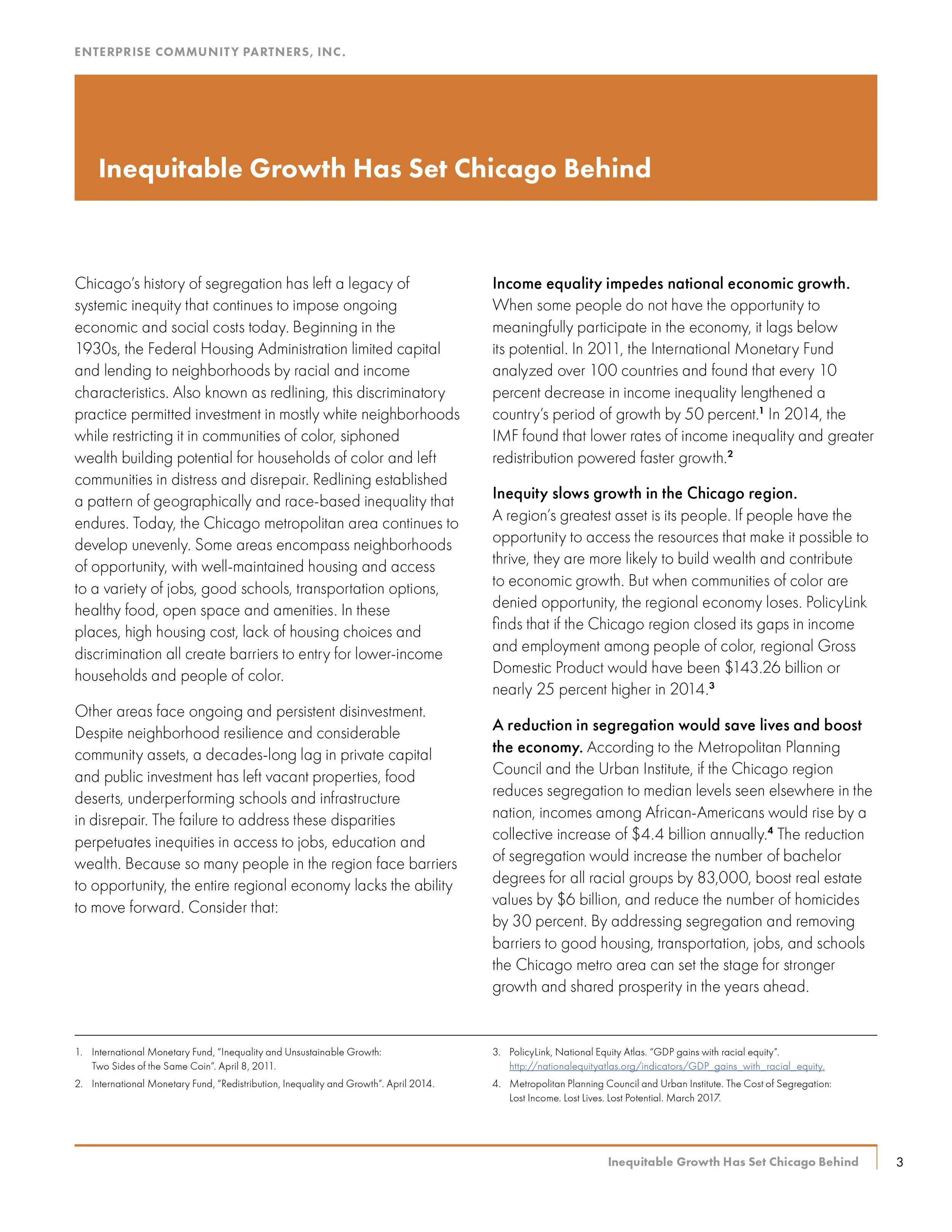 Page from a report titled "Inequitable Growth Has Set Chicago Behind" with text discussing racial segregation, income inequality, and economic disparities in Chicago.