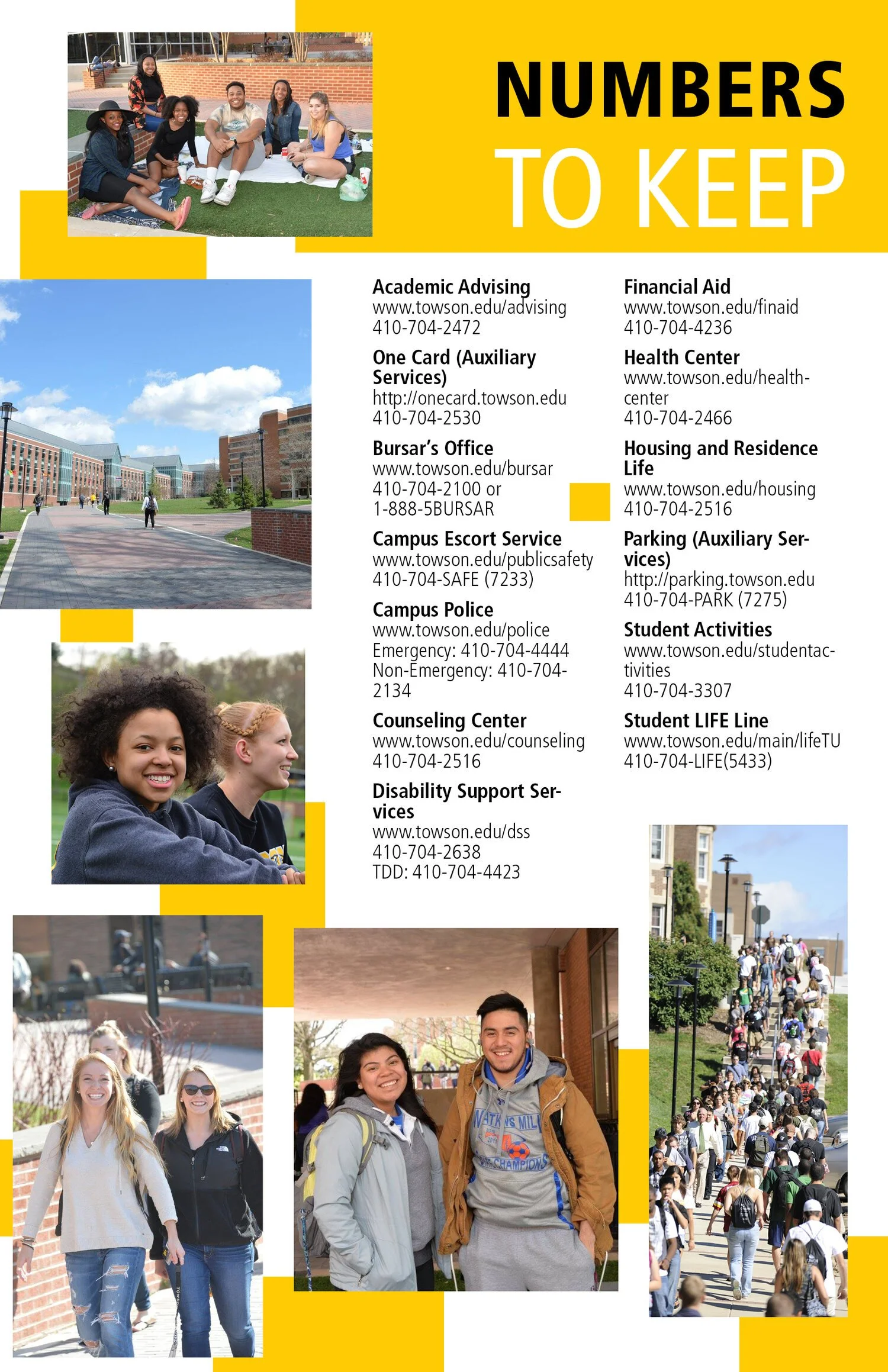 Brochure with campus information, featuring photos of students and university buildings.