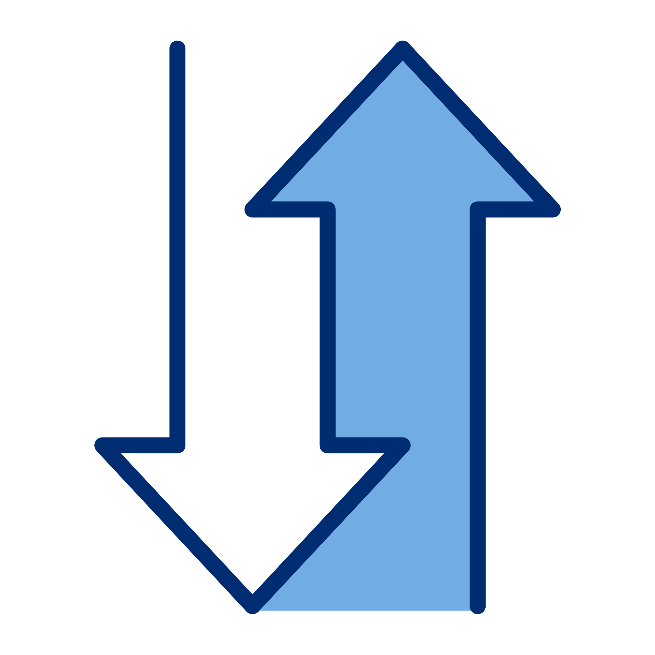 Two arrows, one pointing up and one pointing down, overlapped and colored in shades of blue.