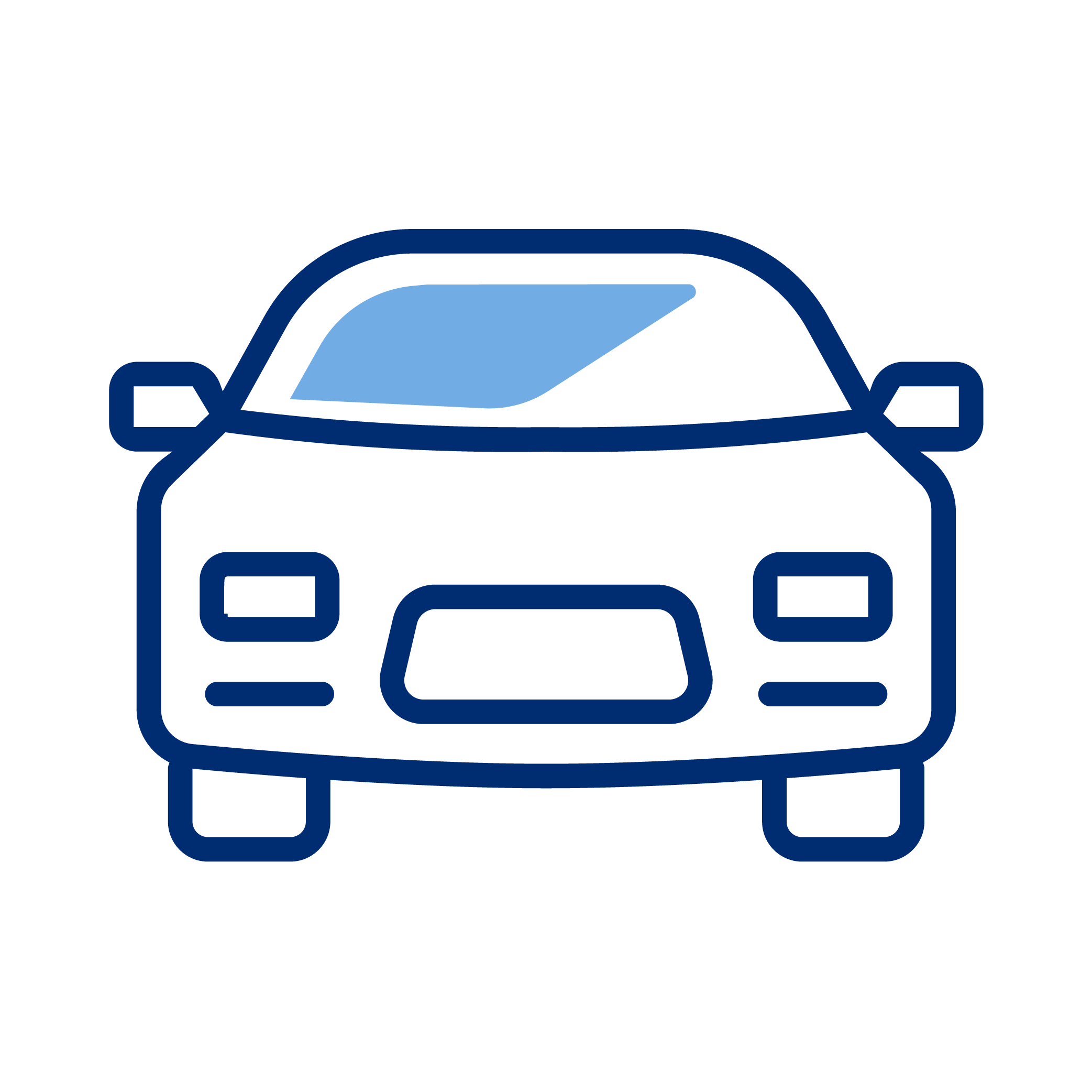 Outline drawing of a front view of a blue car with a shaded windshield.