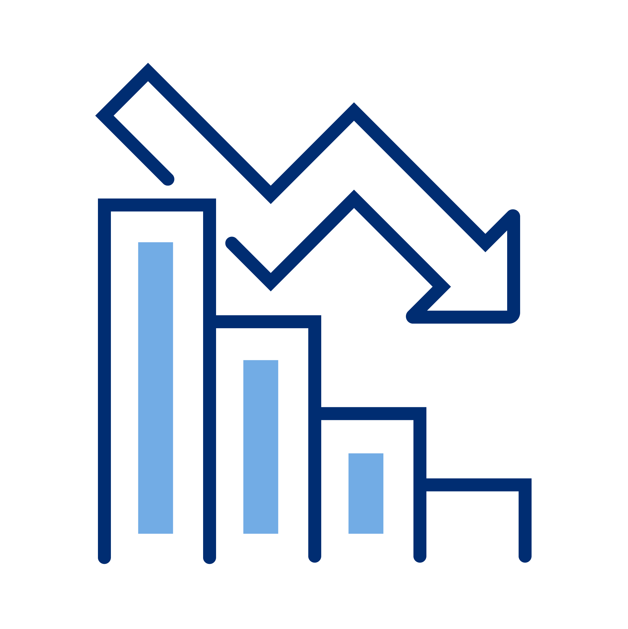 A bar graph with descending bars and an arrow pointing downward, indicating a decline or decrease.