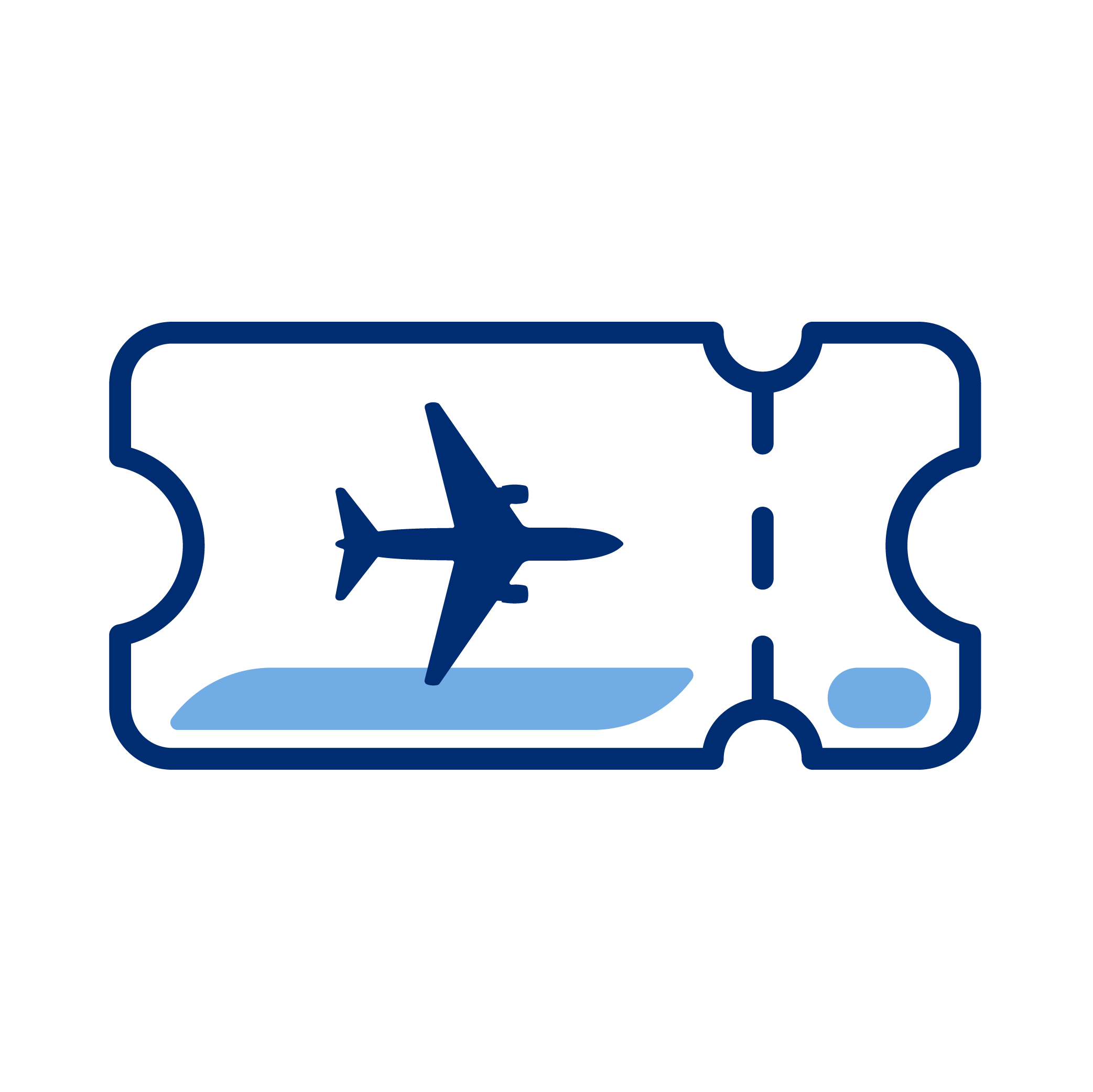 Blue airplane ticket with an airplane icon in the center.