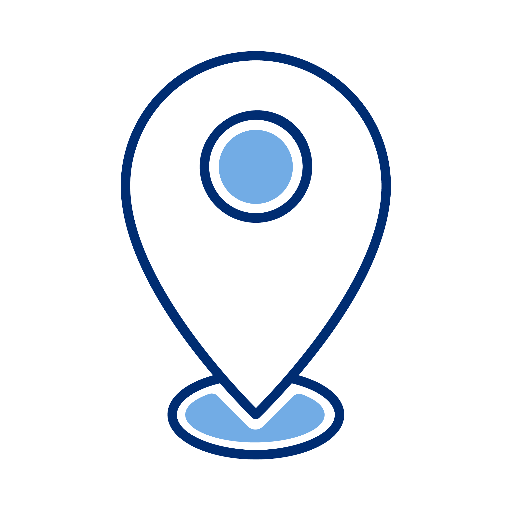 Stylized location pin icon with a circular center, outlined in dark blue and filled with light blue.