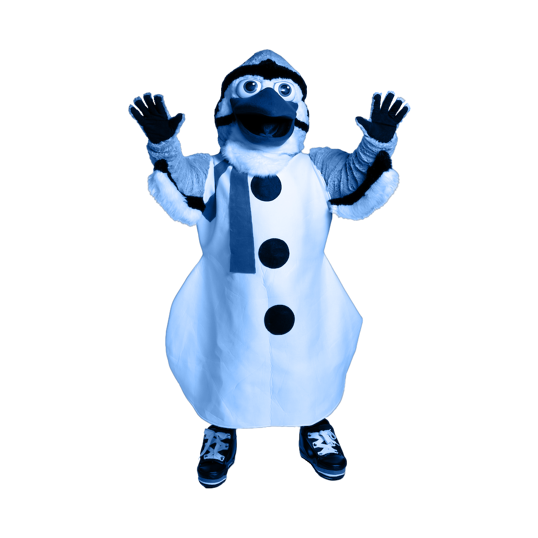 A person dressed in a snowman costume with black shoes, black gloves, a scarf, and large eye and mouth features, standing with arms raised against a plain background.