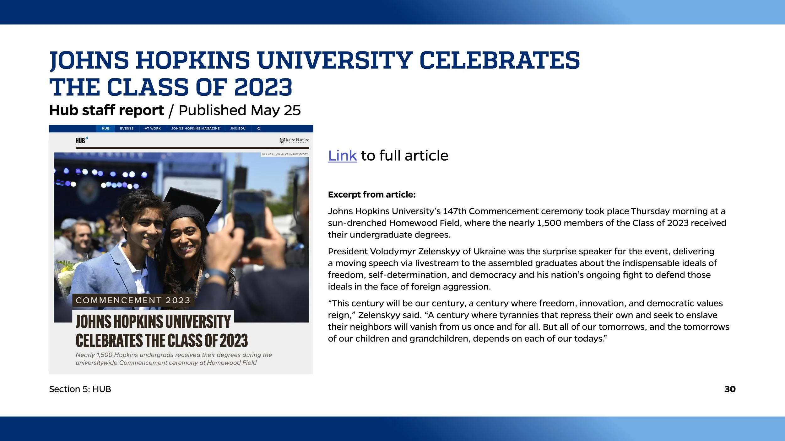 A webpage screenshot announcing that Johns Hopkins University celebrates its Class of 2023 with a report published on May 25. Includes an image of two graduates in caps and gowns taking a selfie at a graduation ceremony.
