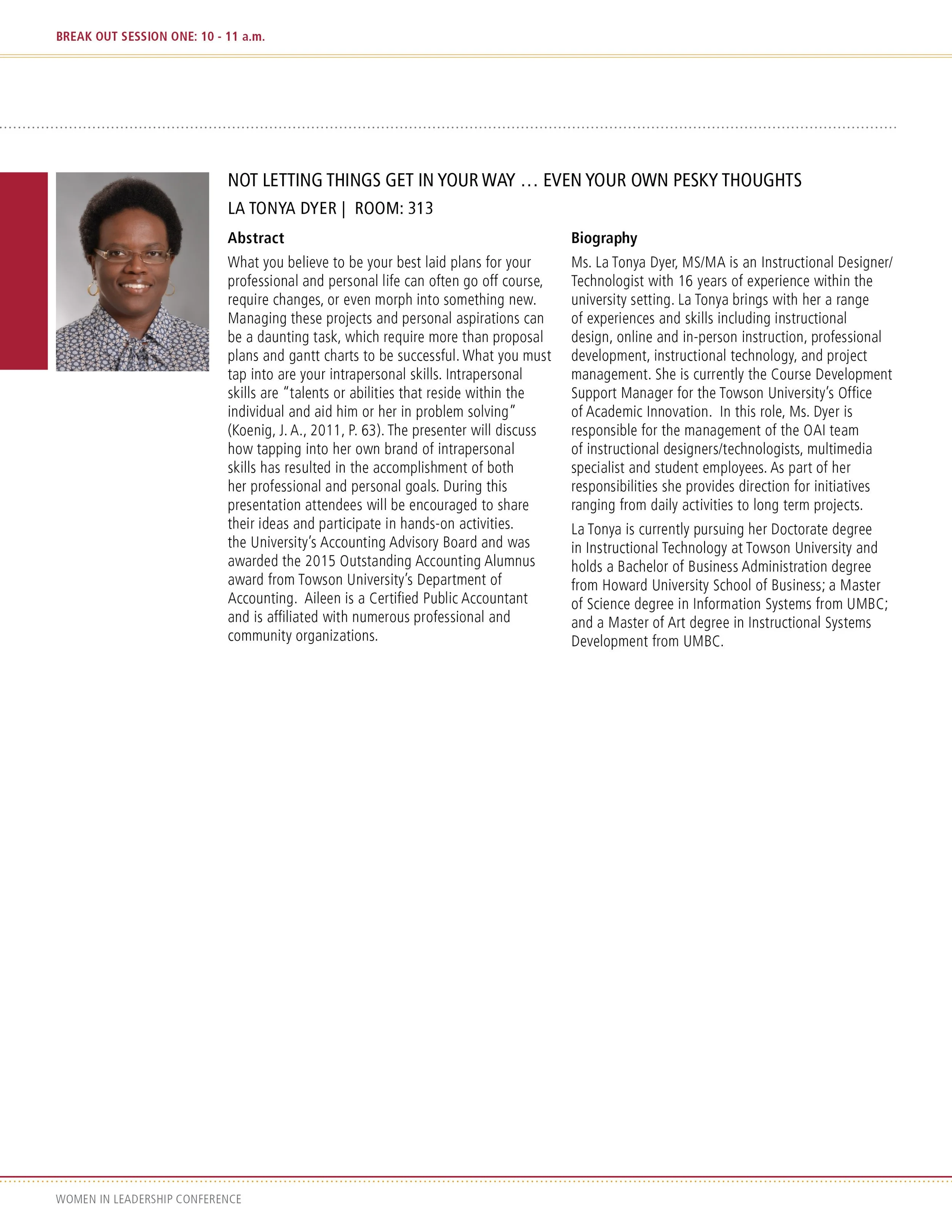 Conference presentation slide with speaker's headshot and biography, discussing professional background and expertise in instructional design and technology.