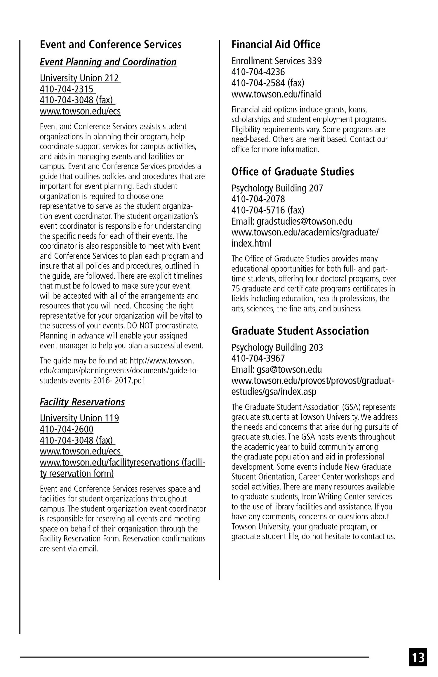 Page 13 of a printed brochure or guide featuring contact information and descriptions for various university services, including Event and Conference Services, Financial Aid Office, Office of Graduate Studies, and Graduate Student Association, all at