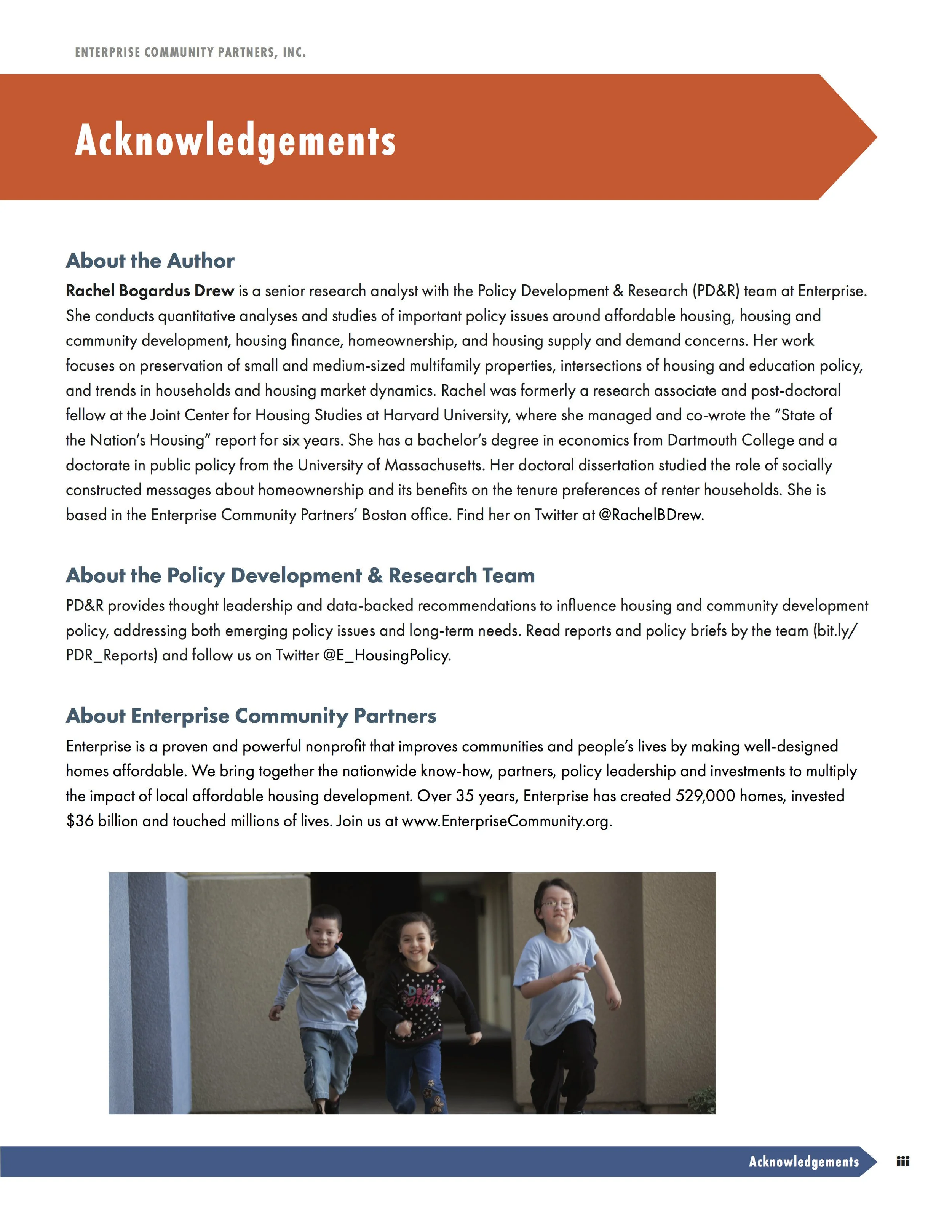 Page with acknowledgements section, photo of three children running outdoors, and text about the author, policy research team, and community partners.