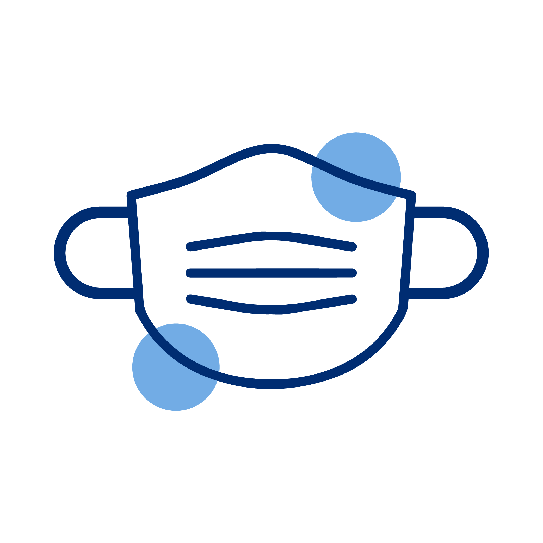 Illustration of a face mask with blue circles and lines, representing covid-19 safety measures.