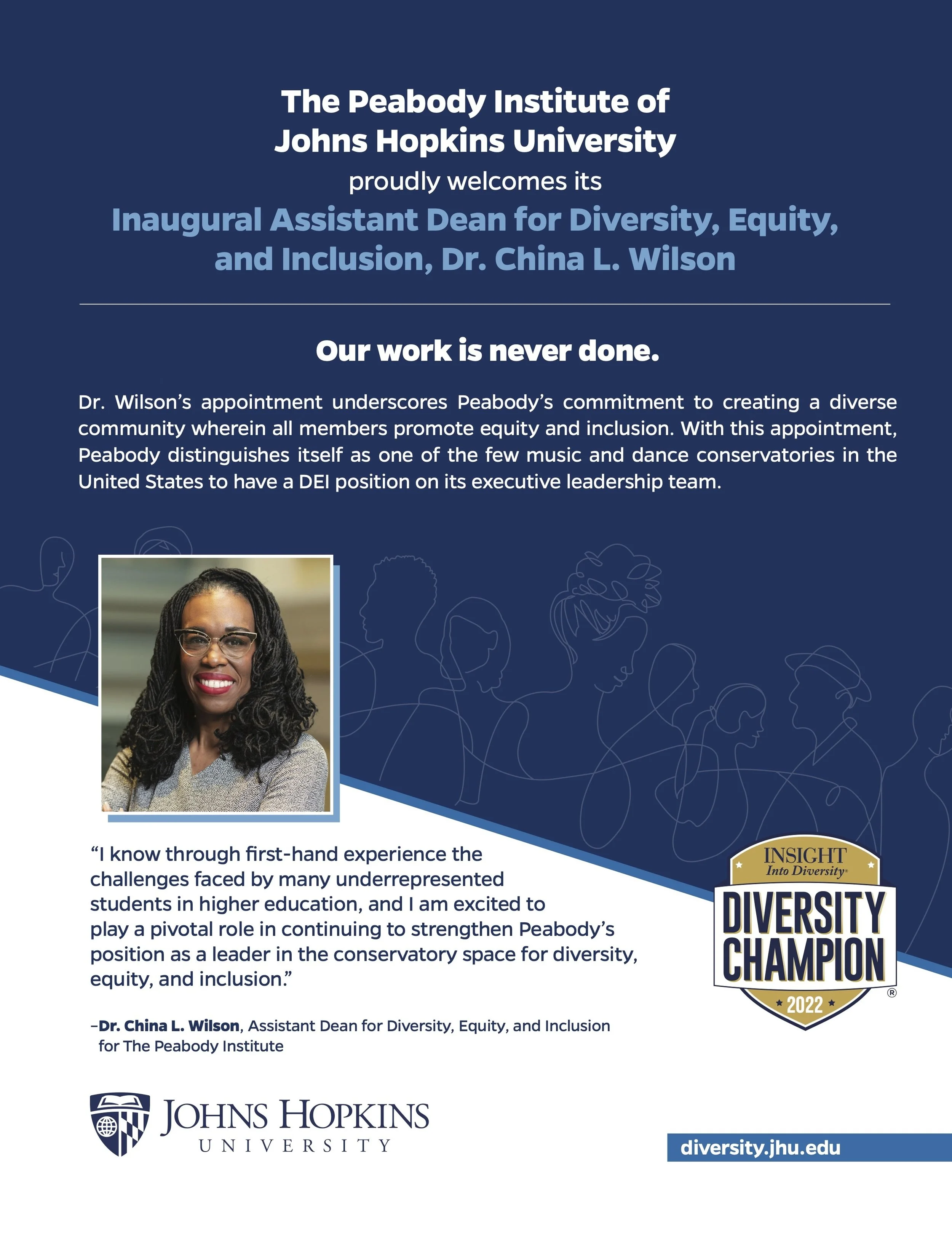 Announcement poster for Johns Hopkins University welcoming Dr. China L. Wilson as Inaugural Assistant Dean for Diversity, Equity, and Inclusion, featuring her portrait and a quote about her experience and role.