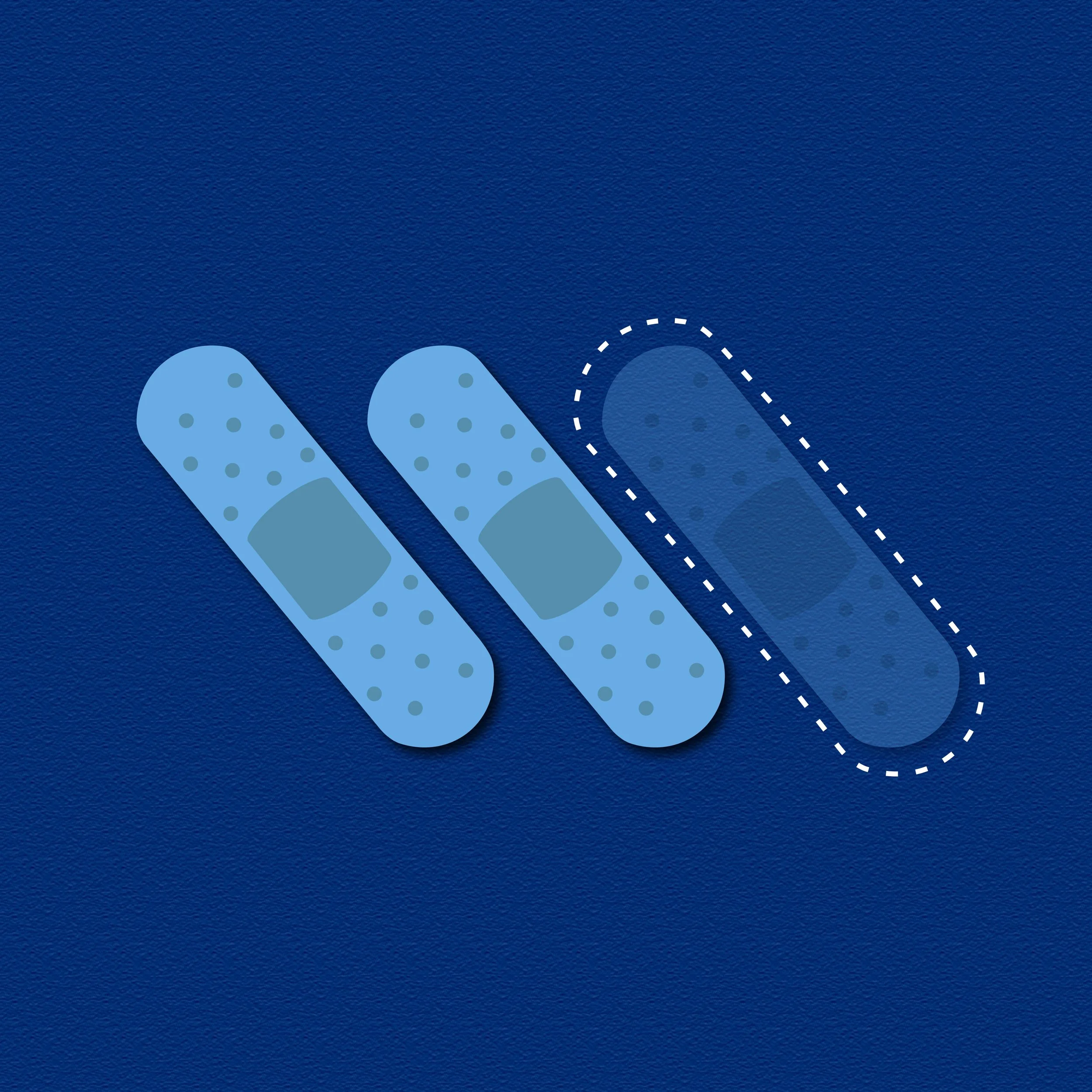 Illustration of three adhesive bandages, with one bandage on the right outlined with a dashed line and shaded darker to indicate selection or different status.